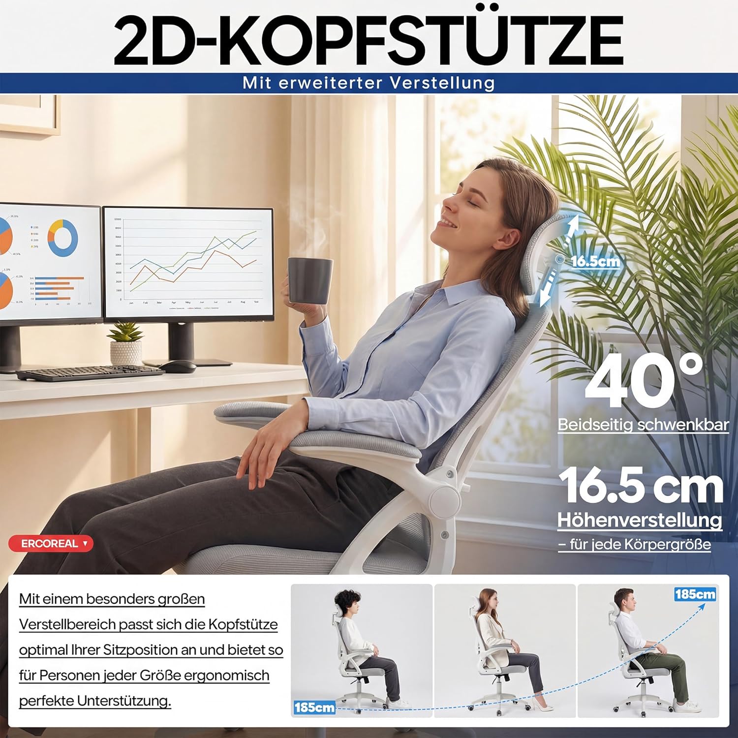 Ergonomischer Netz-Bürostuhl für das Heimbüro, mit verstellbarer Lordosenstütze & 2D-Kopfstütze, klappbaren Armlehnen, leisen PU-Rädern, stabiler Gasfeder Klasse 3, bis 150 kg (Grauweiß) – Bild 3