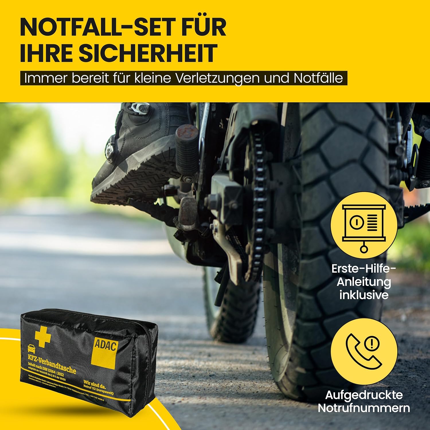 ADAC Erste-Hilfe-Set – Kfz-Verbandkasten 2025 StVZO-konform – Praktisches Erste-Hilfe-Set KFZ nach DIN 13164:2022 – Notfalltasche für PKW & LKW mit Masken – Kompakt & platzsparend – Bild 3