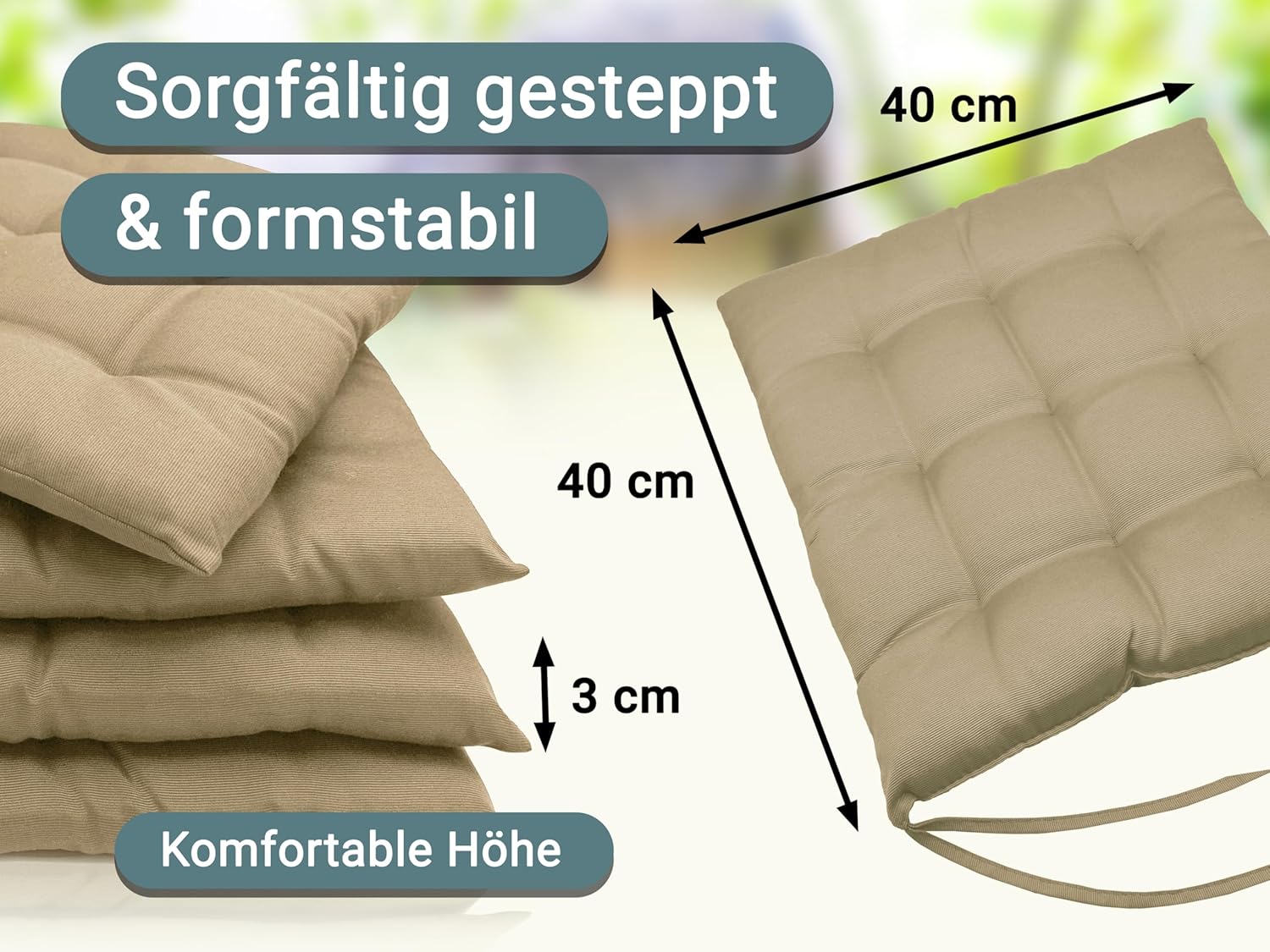 Zollner 4er Set Stuhlkissen mit Bändern 40 x 40 cm Sand – Bild 4