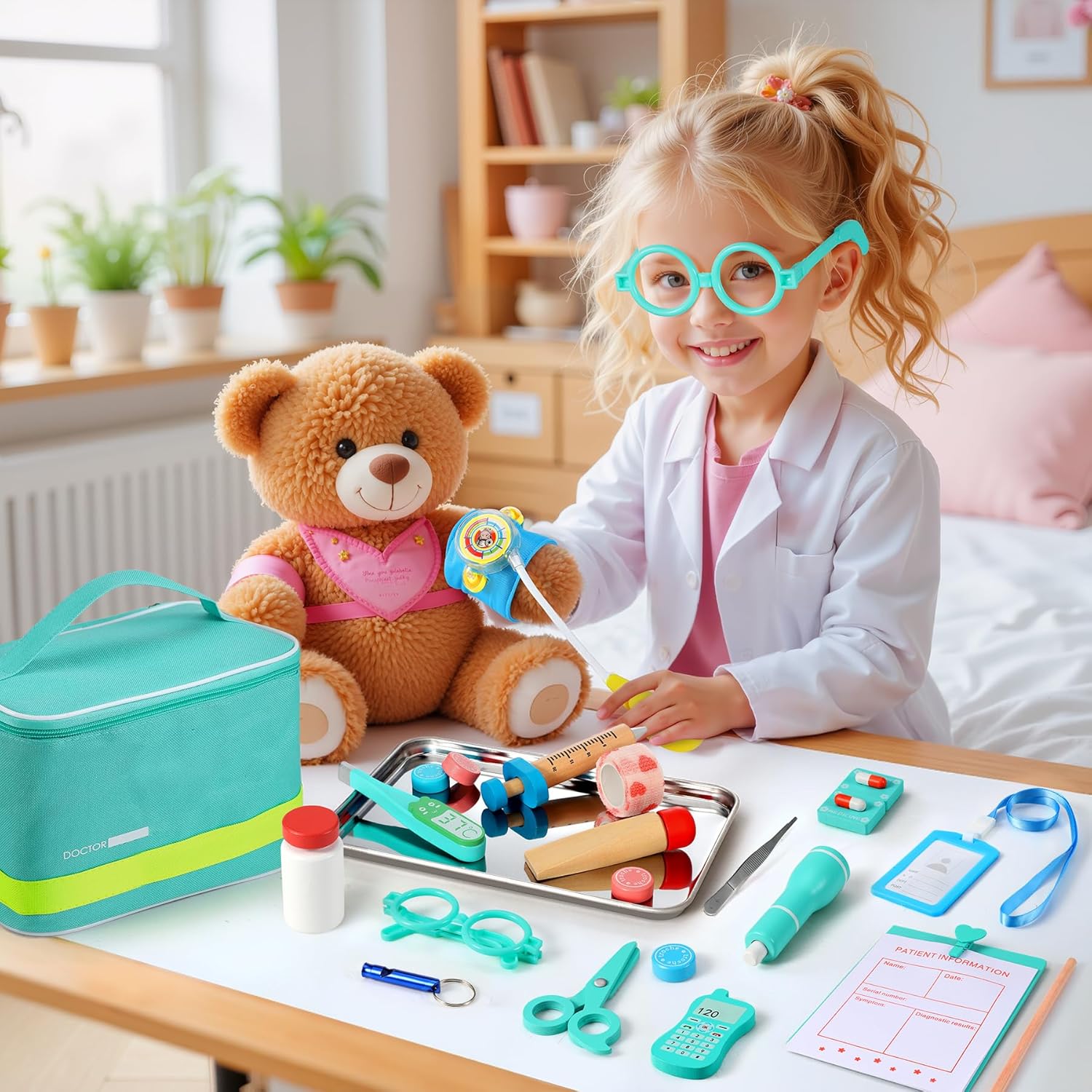 Arztkoffer Kinder ab 3 Jahren – 39-teiliges Holzspielzeug Arztkoffer mit echtem Stethoskop Rollenspiel Arztkittel Spielzeug 3 Jahre mit Thermometer Tragbare Tasche Geschenk für Kinder ab 3 4 5 6 Jahren – Bild 7