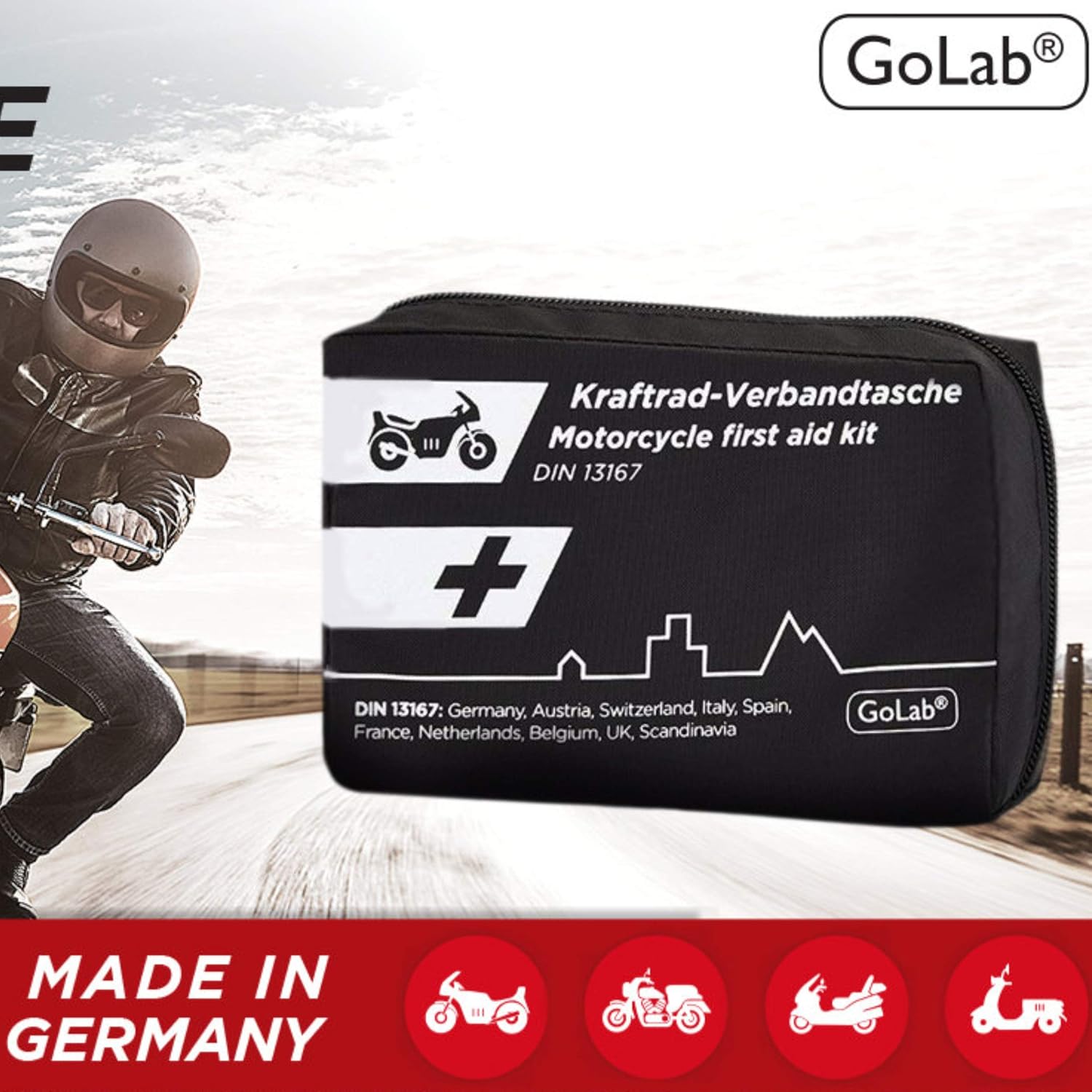 GoLab Motorrad-Erste-Hilfe-Set, klein und kompakt, Erste-Hilfe-Tasche, nach DIN 13167 mit Warnweste, geeignet für alle europäischen Länder (Österreich, Schweiz, Italien, Deutschland etc.) – Bild 2