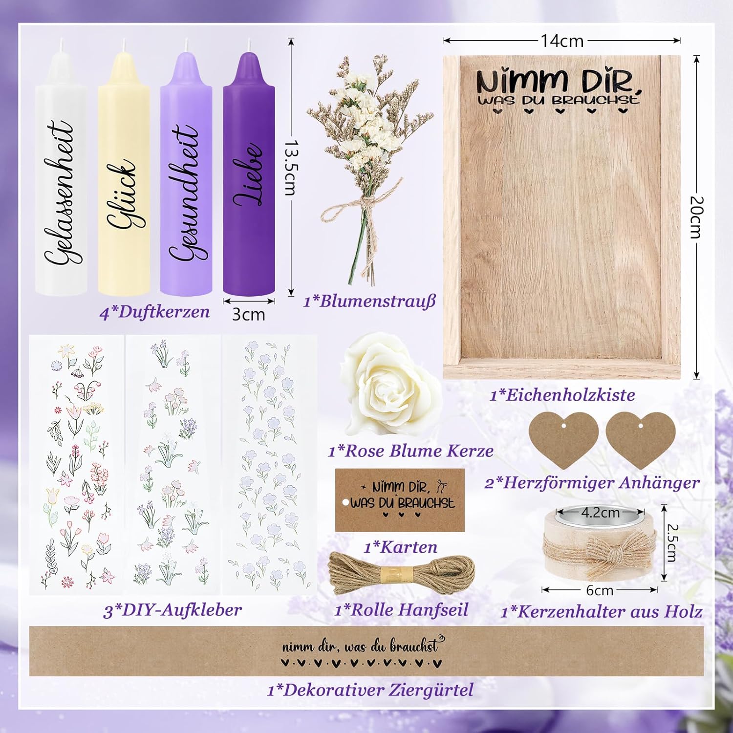 Kerzen Geschenkset Geburtstagsgeschenk für Frauen oder Freundin, nimm dir, was du brauchst, Mitbringsel Kerzenhalter Holzkiste mit Kerzen Deko und Trockenblumen – Bild 2
