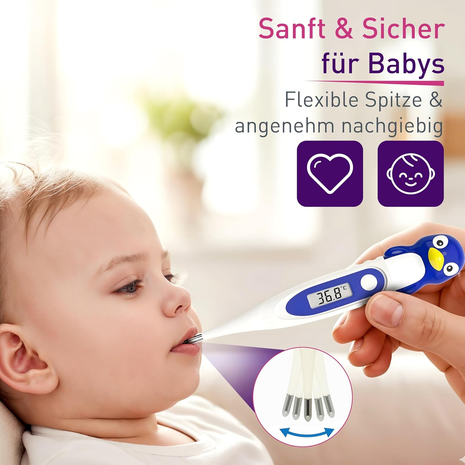 scala SC 44 flex Digitales Fieberthermometer für Babys und Kinder – 10 Sekunden Messzeit, flexible Spitze, Fieberalarm, wasserdicht – oral, rektal und axillär – Pinguin-Motiv – Bild 2