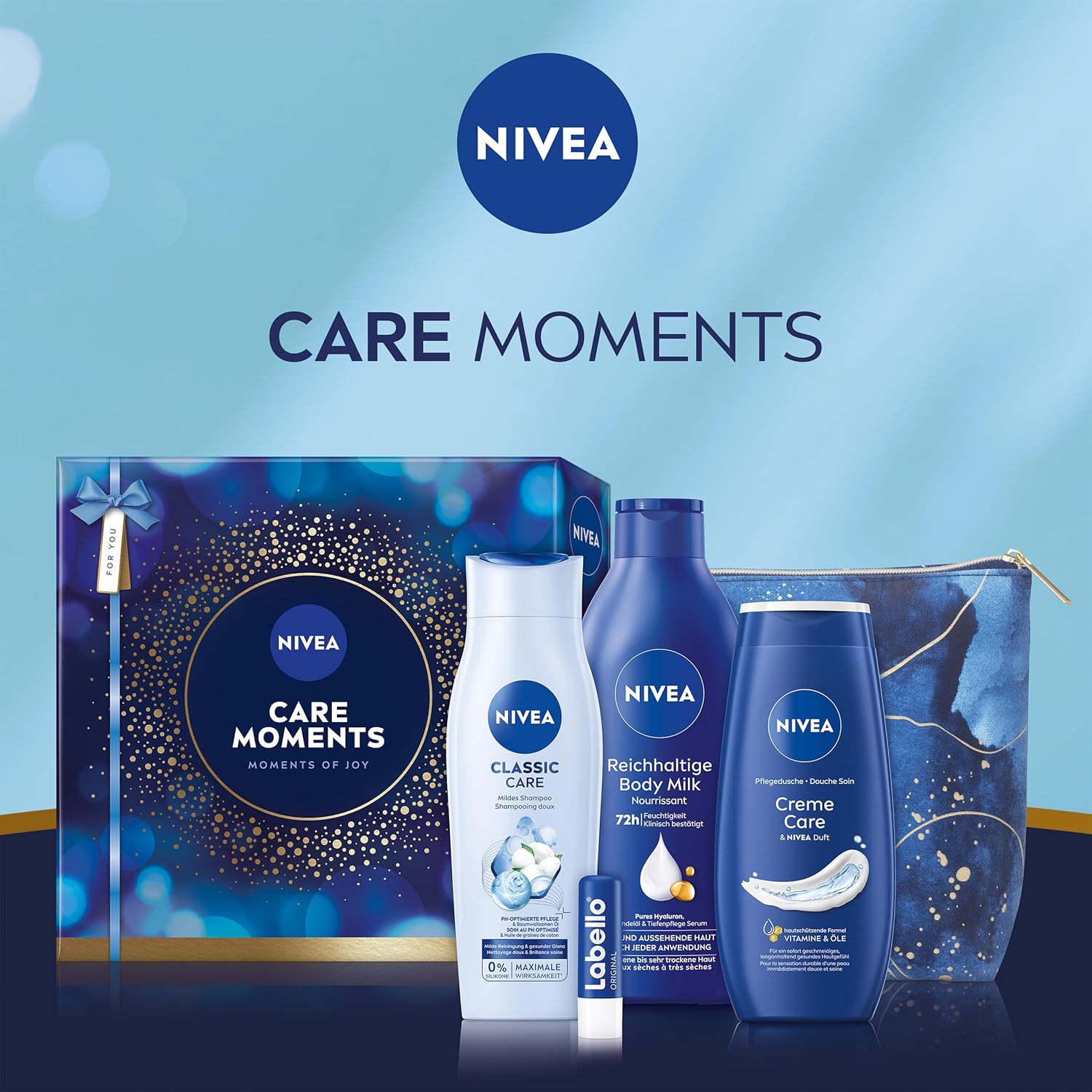 Nivea Care Moments Geschenkset, Geschenk für Frauen, Geschenkbox mit Duschgel (250 ml), Shampoo (250 ml), Körperlotion (400 ml), Labello Lippenpflege (4,8 g) und Kulturbeutel – Bild 4