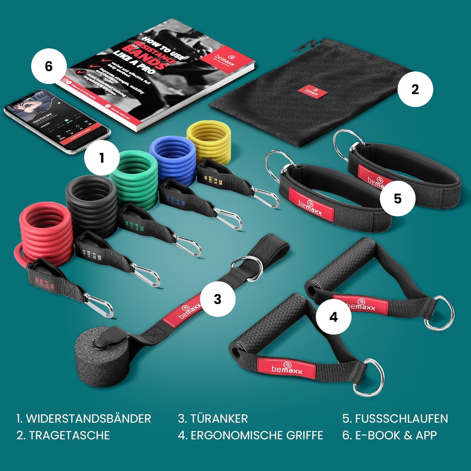Widerstandsband-Set mit Trainingsanleitung, Expander-Röhren, Fitnessbändern, Widerstandsband-Set: 5 Widerstandsbänder, Griffe, Türanker, Fußschlaufen, Fitnessband – Bild 2