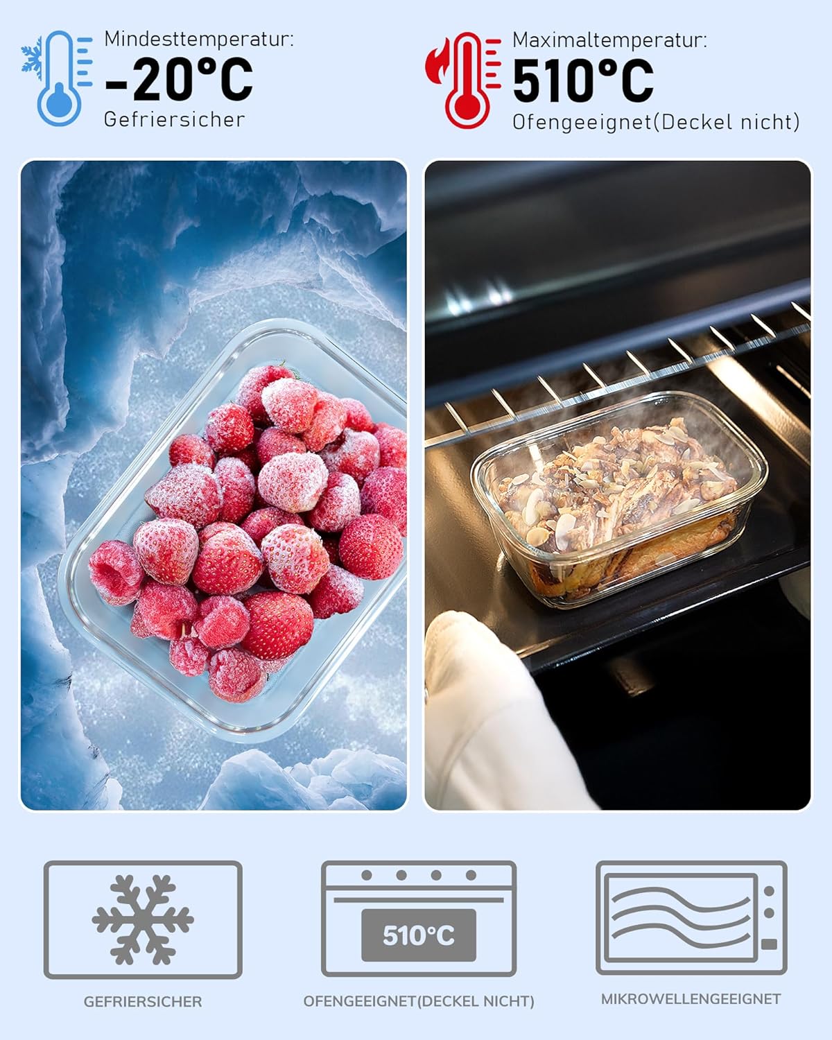 5er-Pack Borosilikatglasbehälter mit gehärtetem Deckel, 1040 ml/4,4 Tassen, luftdichtes Meal-Prep-Set, mikrowellen-/gefriergeeignet/ofenfest -20℃~510℃, Grau – Bild 5