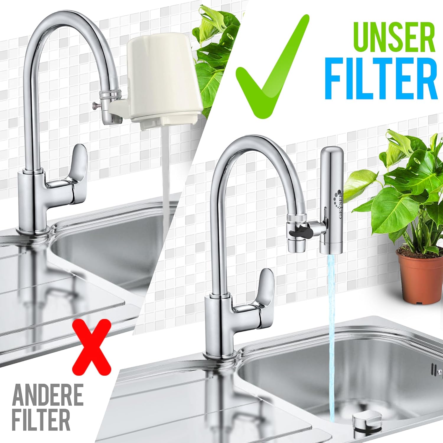 Geyser Euro-Wasserfilter für Wasserhahn, Küchenarmatur, Wasserfilter für Leitungswasser mit Kartuschen aus einzigartigem Material. Hocheffizientes Aragon-Wasserfiltersystem – Bild 7