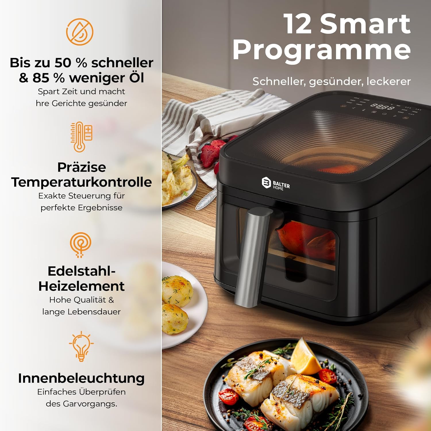 Balter HL-651T Heißluftfritteuse, 6,5 L, XXL-Fritteuse mit Sichtfenster, 12 Programme, All-In-1-Luftfritteuse, inkl. 100 Rezepte – Bild 2