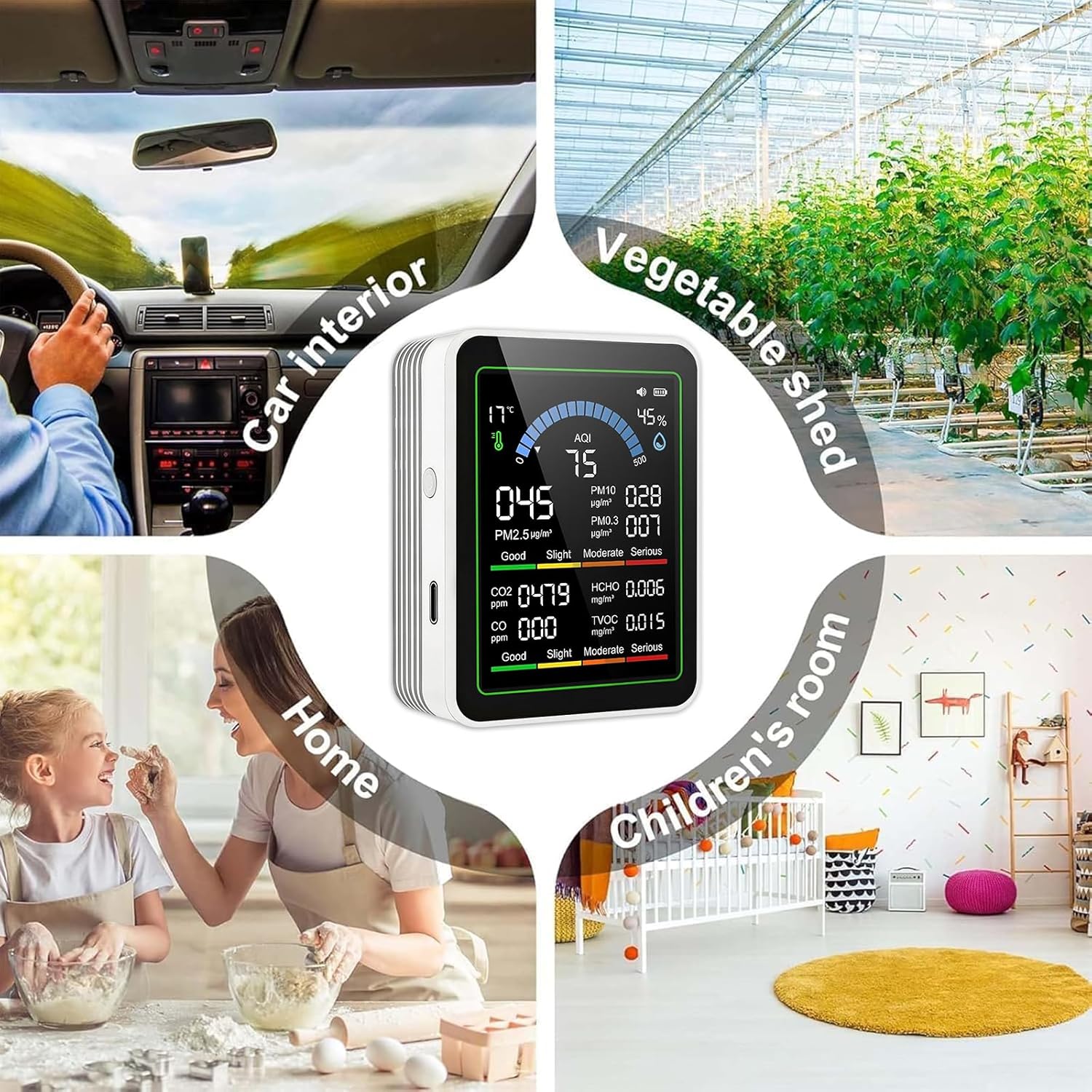 10-in-1 Luftqualitätsmonitor mit Farbdisplay und 4-Farben-Alarm,Messung von CO₂, PM1.0/PM2.5/PM10,HCHO,Temperatur & Luftfeuchtigkeit.Luftüberwachungsgerät mit Typ-C für Zuhause,Büro. (Weiß) – Bild 8