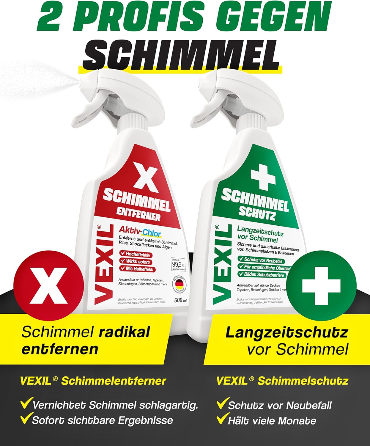 VEXIL Profi Schimmel Komplettset – Schimmelentferner & Schimmelschutz – inkl. Handschuhe, FFP3-Maske & 3 Fugenbürsten – Schimmel entfernen & bis zu 18 Monate vorbeugen – 2 x 500 ml – Hergestellt in Deutschland – Bild 2