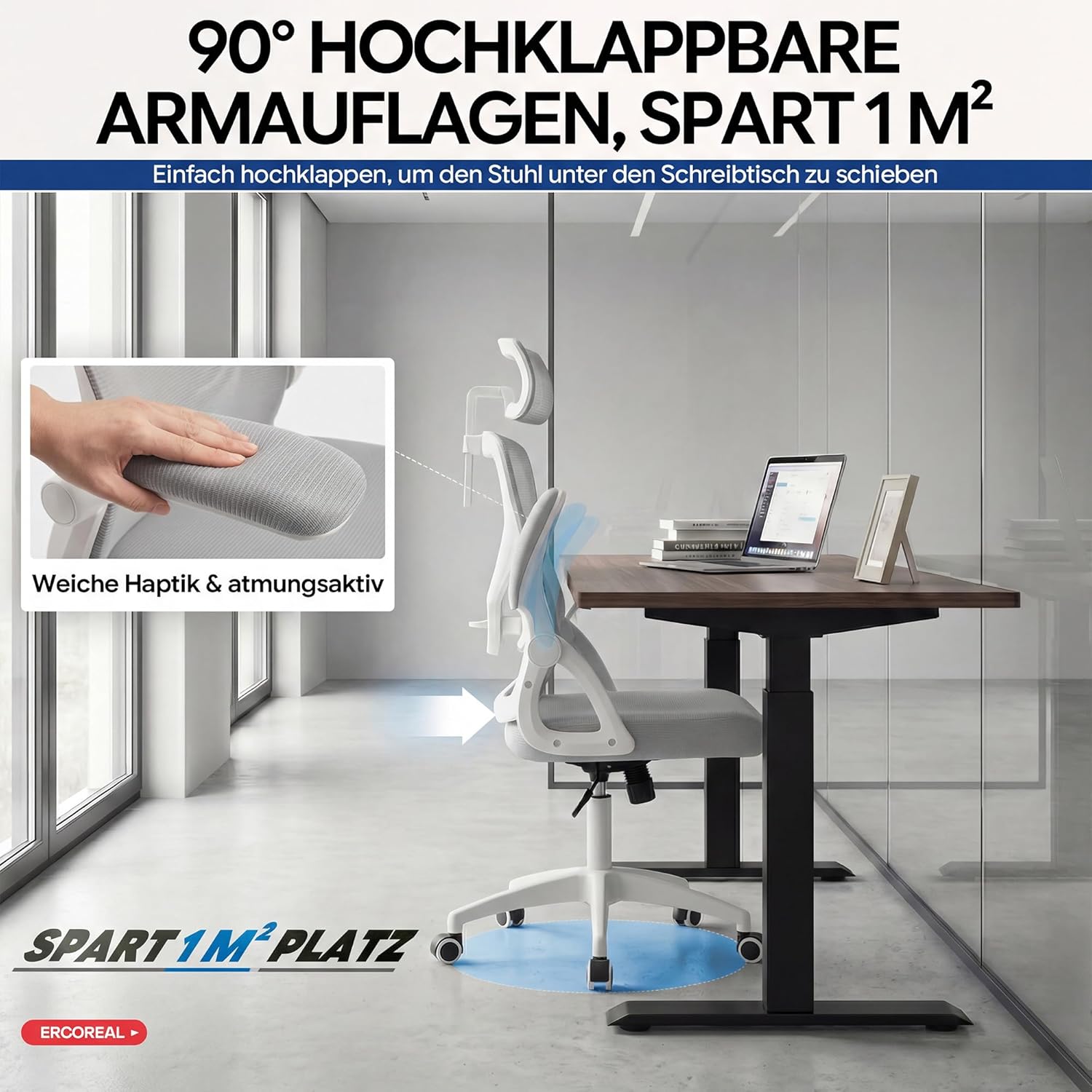 Ergonomischer Netz-Bürostuhl für das Heimbüro, mit verstellbarer Lordosenstütze & 2D-Kopfstütze, klappbaren Armlehnen, leisen PU-Rädern, stabiler Gasfeder Klasse 3, bis 150 kg (Grauweiß) – Bild 8