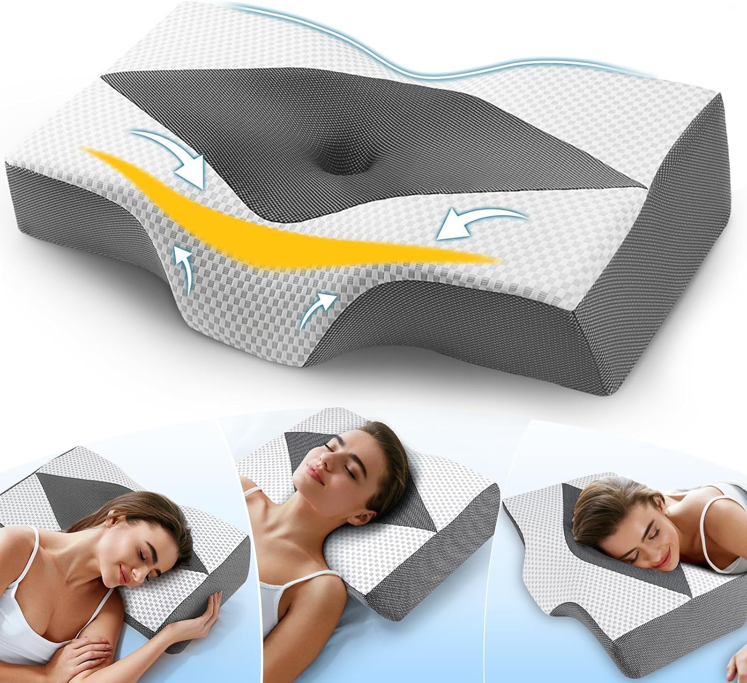 Nackenstützkissen gegen Nackenschmerzen, orthopädisches Kissen, ergonomisches Memory-Schaum-Nackenkissen mit 2 Höhen, Hohlraum und Kühlbezug, für Seiten- und Rückenschläfer – Grau – Bild 8