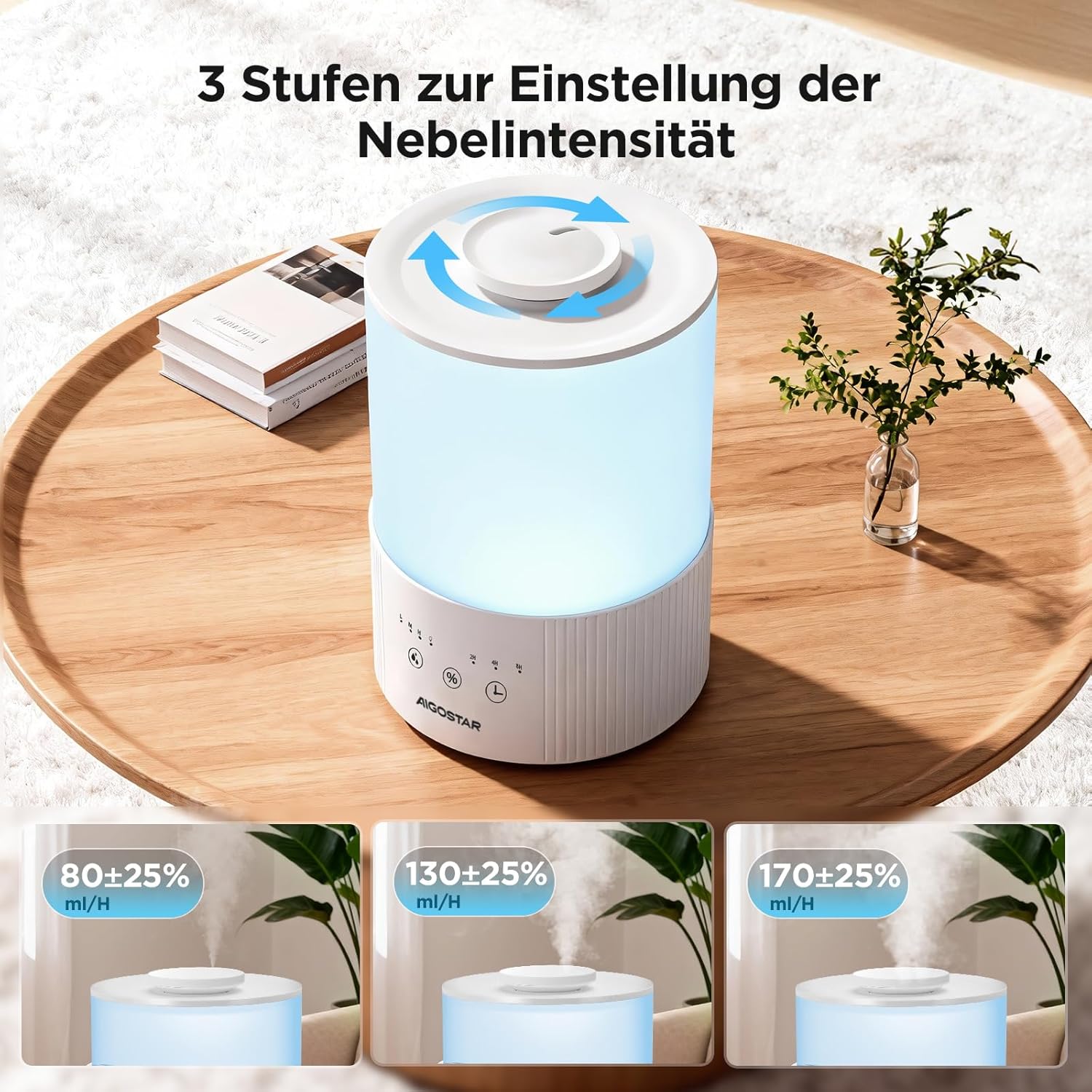 Aigostar Schlafzimmer-Luftbefeuchter mit Hygrometer – 2,5 l Ultraschall-Raumbefeuchter, 28 dB leise, Aromadiffusor für ätherische Öle, 3 Nebelstufen und Timer – für Baby, Pflanzen und Büro – Bild 3