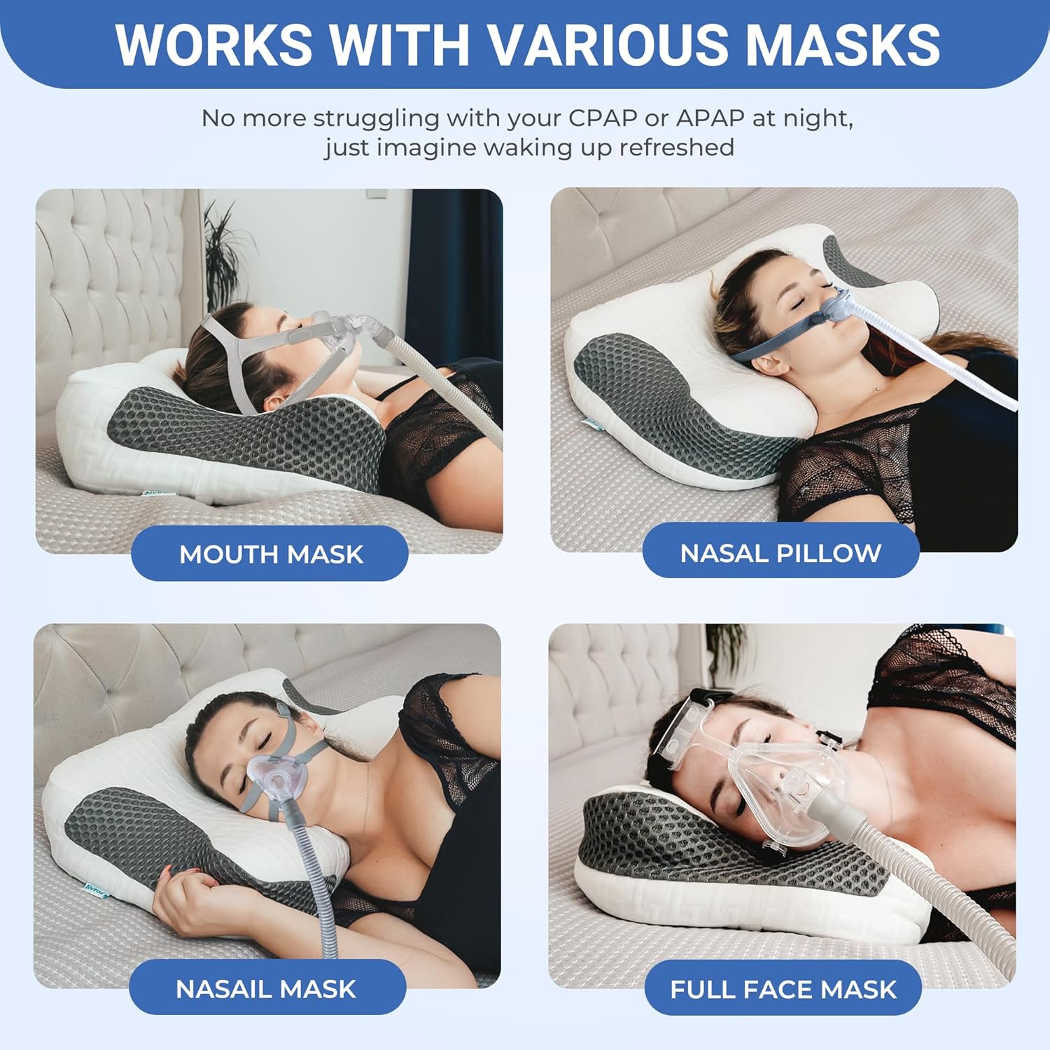 Elviros CPAP-Kissen aus Memory-Schaum für Seitenschläfer, ergonomisches, höhen- und härteverstellbares Nackenkissen für CPAP-Benutzer, kompatibel mit verschiedenen Masken, Seiten- und Rückenschläfern – Bild 3
