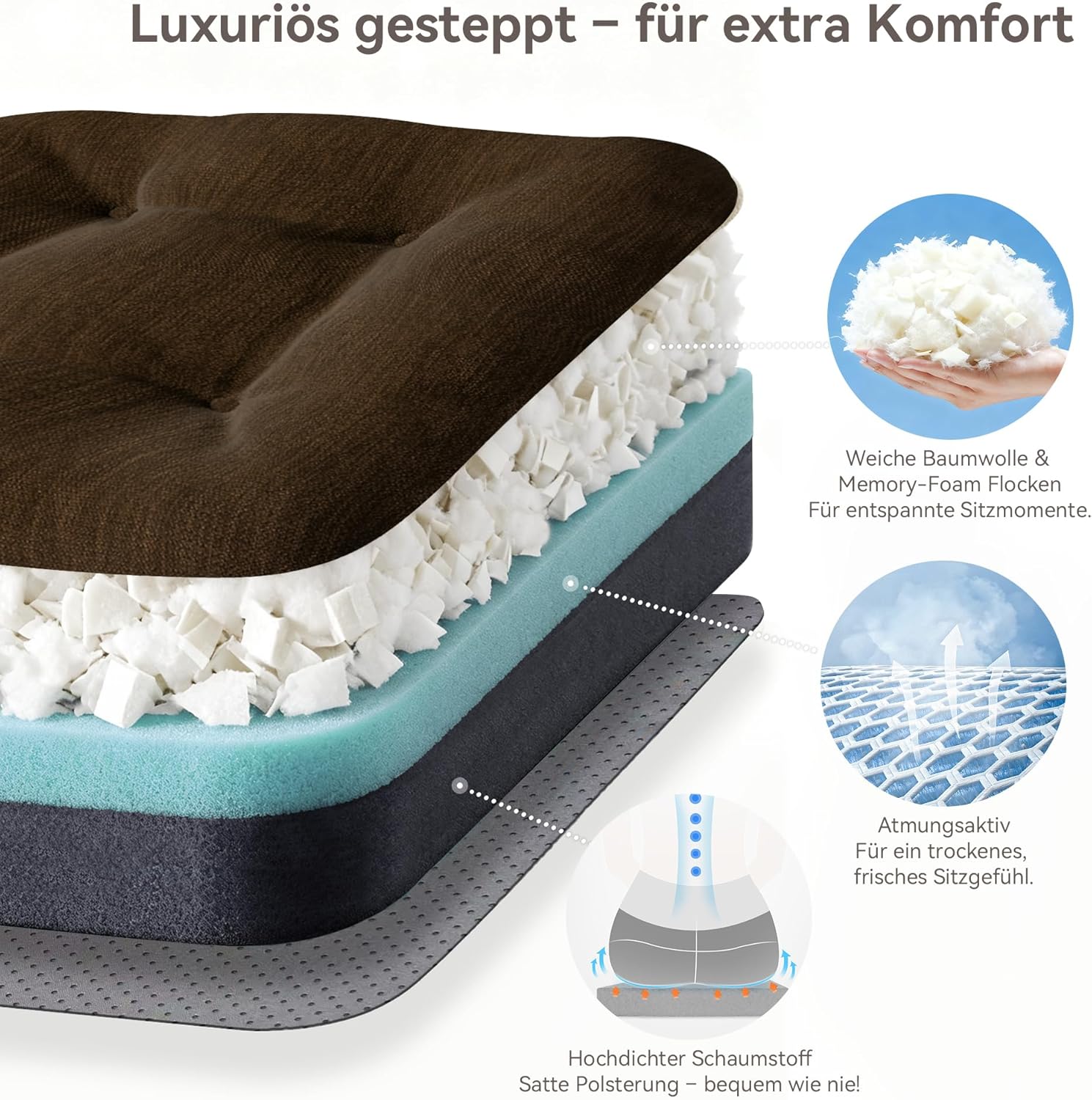 Codi Sitzkissen 40 x 40 x 8 cm, 4er-Set, extra dicke, bequeme Stuhlkissen mit wasserabweisendem Bezug – waschbare, rutschfeste Memory-Schaum-Sitzkissen für Stuhl, Outdoor- und Gartenstuhl, braun – Bild 2