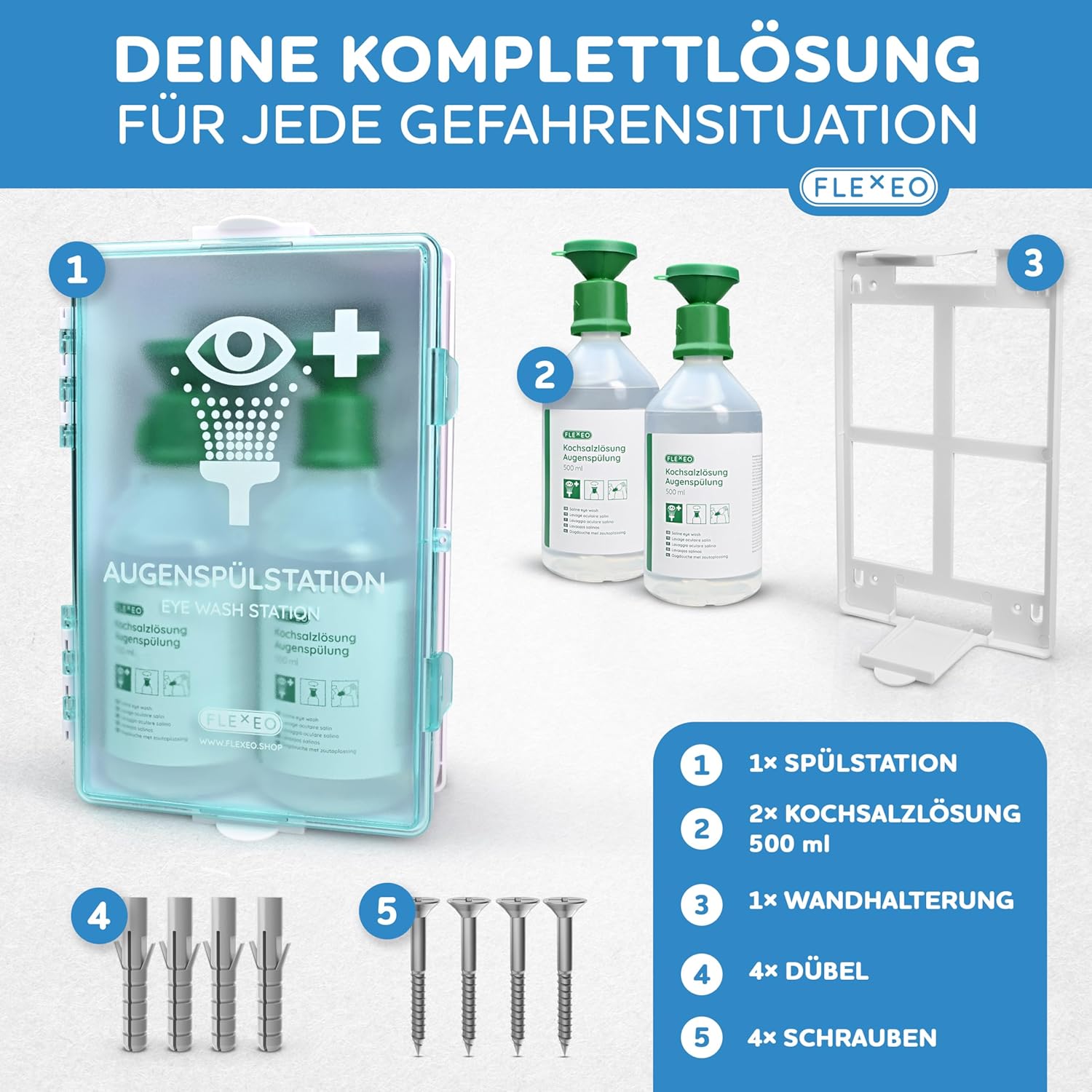 FLEXEO - Erste-Hilfe-Koffer-Set DIN 13157:2021 mit Wandhalterung, mit gefülltem WERO Pflasterspender und FLEXEO Augenspülstation inkl. 2 x 500 ml Flaschen Kochsalzlösung und Wandhalterung – Bild 6