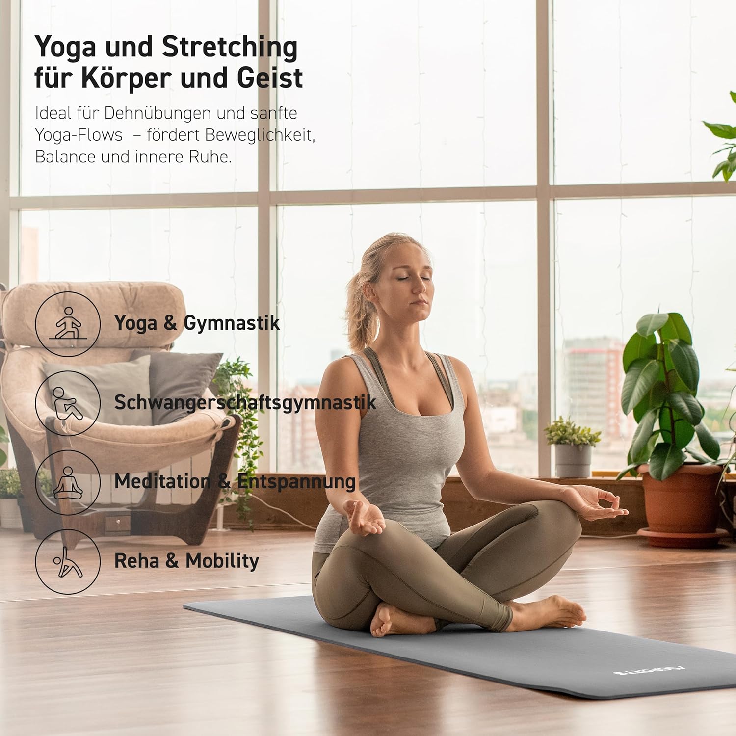 MSports Premium Gymnastikmatte inklusive Tragegurt + Übungsposter + Workout-App – hautfreundliche Fitnessmatte, 190 x 60, 80 oder 100 x 1,5 cm, verschiedene Farben, phthalatfreie Yogamatte, grau, 190 x 80 x 1,5 cm – Bild 6