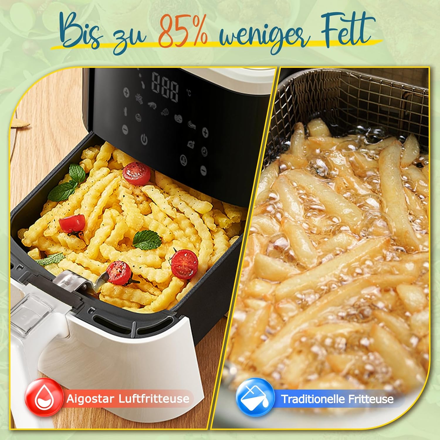 Aigostar White Cube, Smart Heißluftfritteuse 7L XXL Fritteuse Heißluft 1900W Heißluftfritteuse, App-Steuerung, 7 Programme, Warmhalten, 20 Rezepte, 6-10 Personen, Digitale LED-Touchscreen-Luftfritteuse – Bild 9