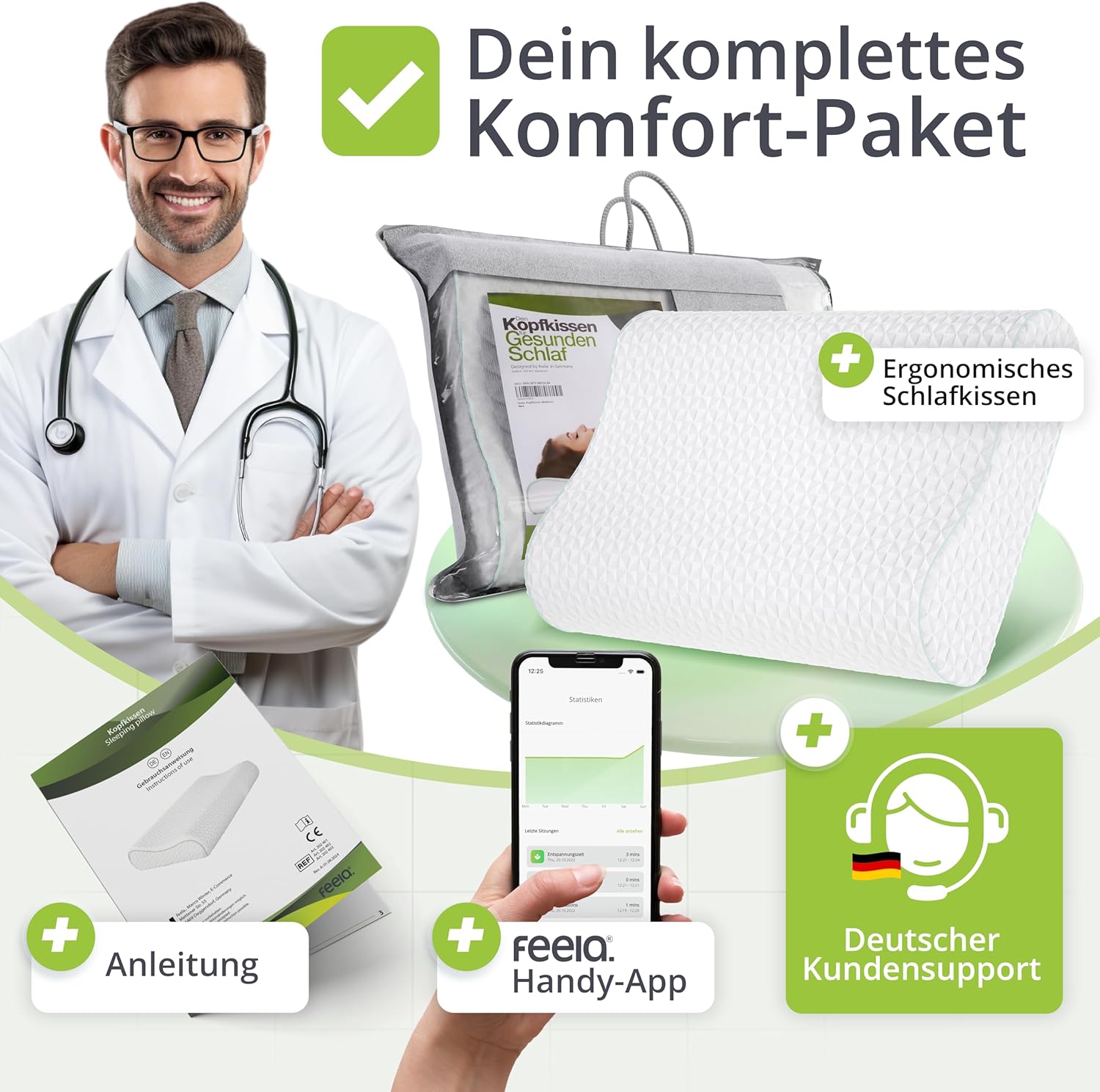 Feela. Orthopädisches Kissen/Schlafkissen (3 Härtegrade) – lindert Nacken- und Schulterschmerzen, erhöht den Schlafkomfort und entlastet die Halswirbelsäule | Kissen, Kissen 80 x 40 cm, Kissen (mittel) – Bild 6