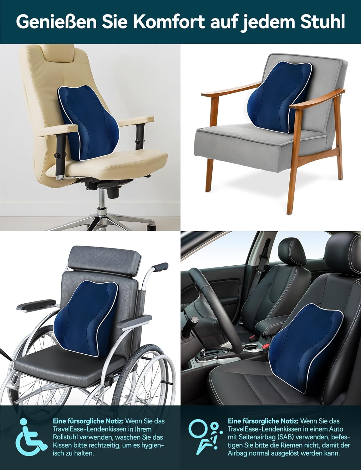 Travel Ease Ergonomisches Memory Foam Rückenkissen, Lendenkissen für Bürostuhl, Schreibtischstuhl, mit antistatischem, hautfreundlichem Bezug und für eine bequeme Sitzhaltung (Dunkelblau) – Bild 7