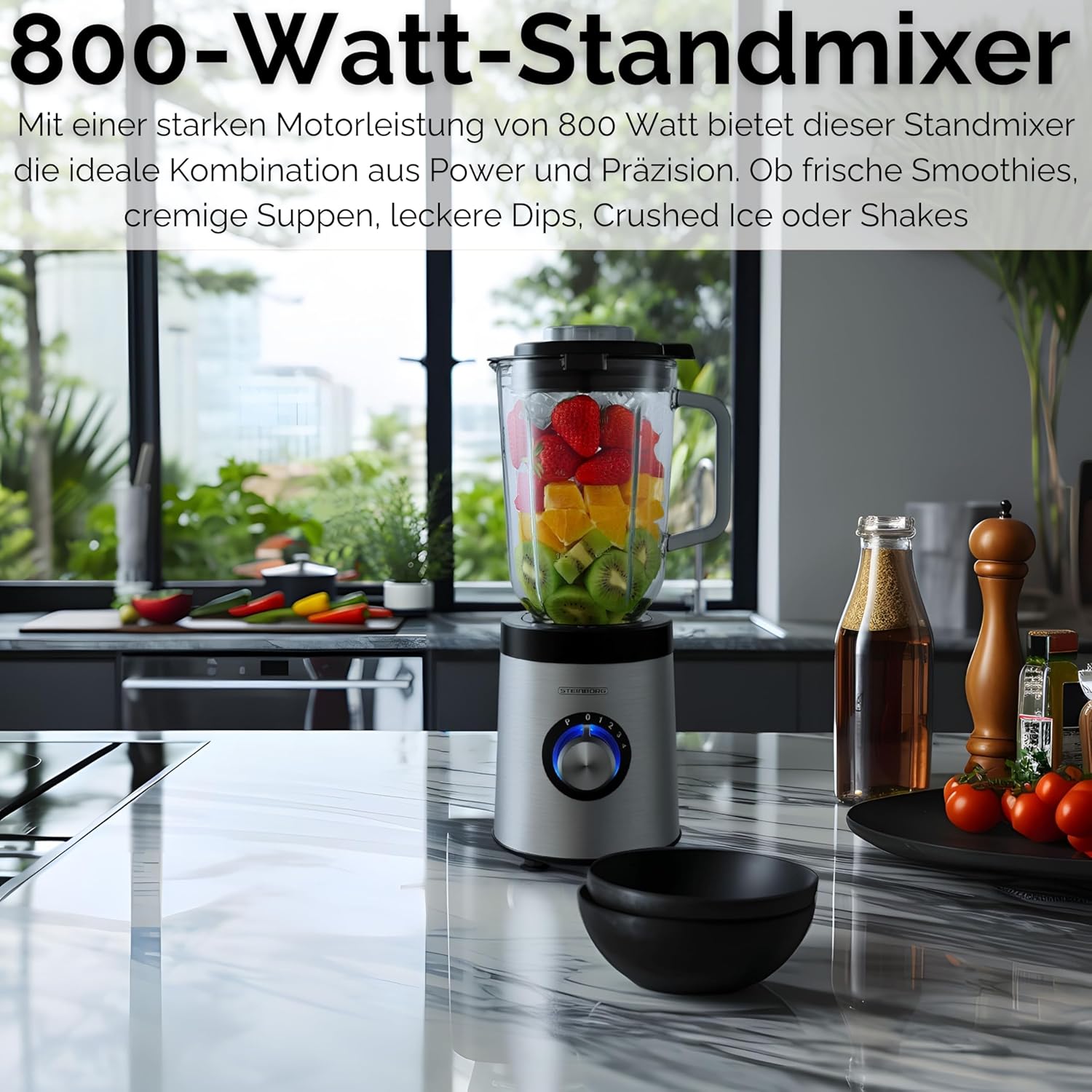 Steinborg Standmixer aus Glas, Edelstahl, 800 Watt, 1,5 Liter Glaskanne, Universal-Powermixer, Smoothie-Maker, Zerkleinerer, Multifunktionsmixer, 6-Wege-Messer, Eiscrusher, 5 Stufen + Pulsfunktion – Bild 2
