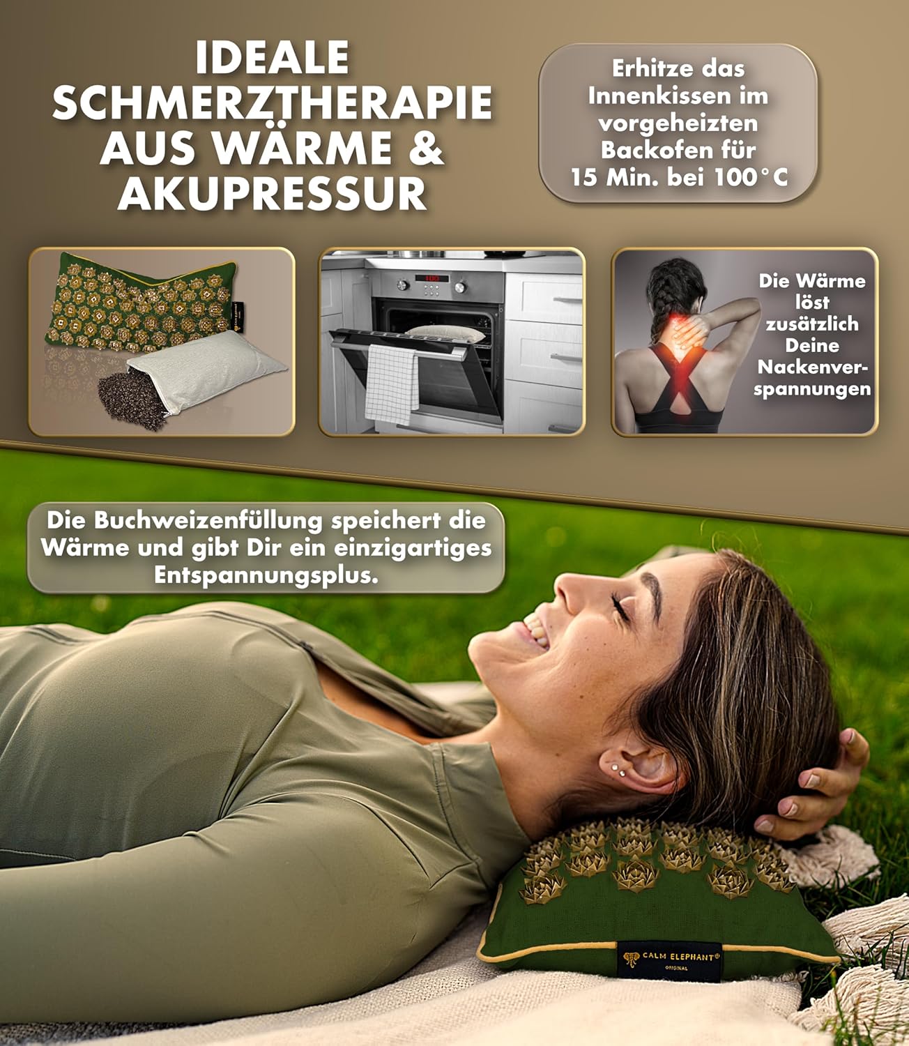 CALM ELEPHANT ORIGINAL Akupressurmatte mit Kissen XXL-Set, echte 5-teilige Massagematte, Rückenverspannungen lindern, Akupunkturmatte, Kissen mit Wärmefunktion, Lendenkissen, Fußmatte und Tasche, grün – Bild 3