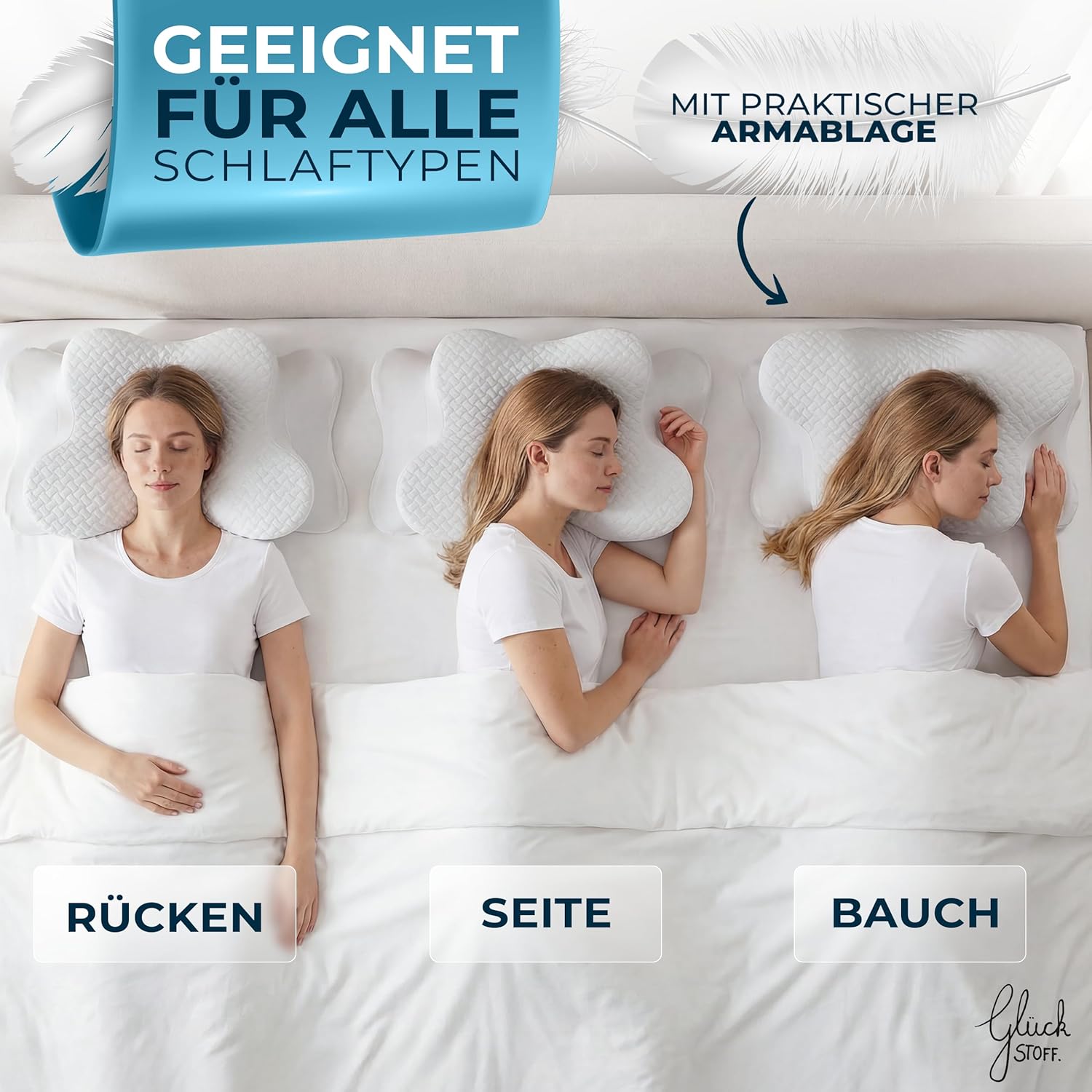 Glückstoff Ergonomisches Kissen (für alle Schlaftypen), Nackenstützkissen aus Memory-Schaum, ergonomisches Kissen, Seitenschläferkissen, weiß – Bild 3