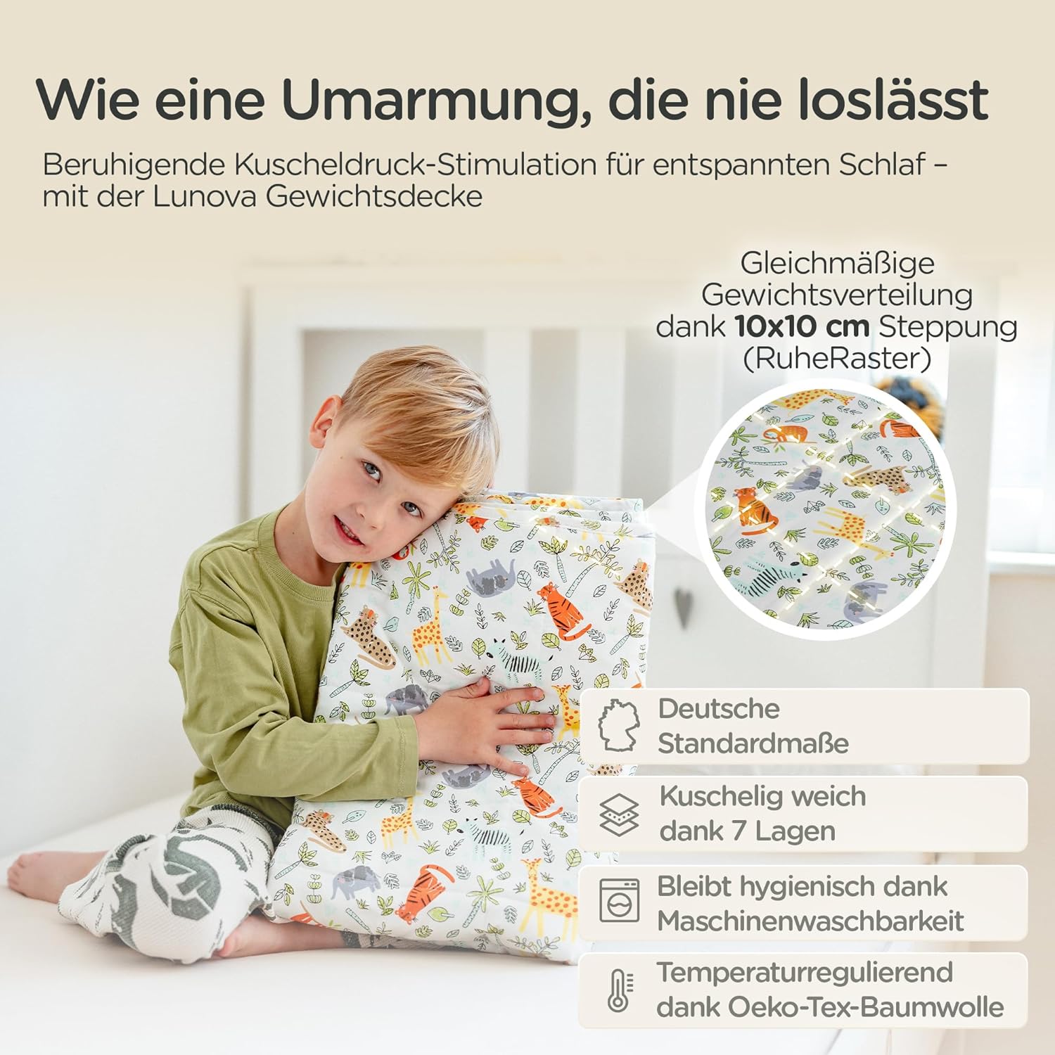 LUNOVA Gewichtsdecke Kinder | 3 kg | 100 x 135 cm – Ökotex-Baumwolle (25–35 kg Körpergewicht), waschbare Therapiedecke, Entspannungsdecke, entspannter Schlaf – Tierwelt – Bild 2