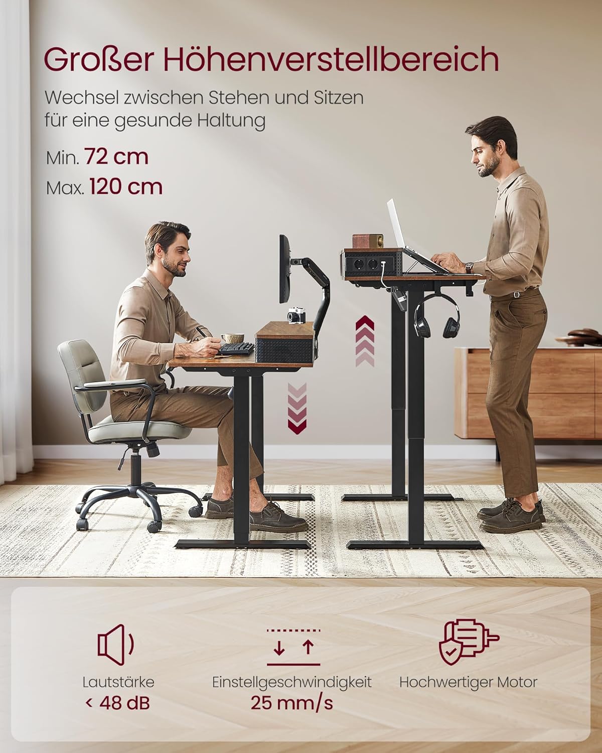 VASAGLE LSD184KD02 Höhenverstellbarer elektrischer Schreibtisch, 140 x 60 x (72-120) cm, stufenlos verstellbar, mit Monitorständer, Steckdosenleiste, Haken, Memory-Funktion, Vintage-Braun – Bild 5