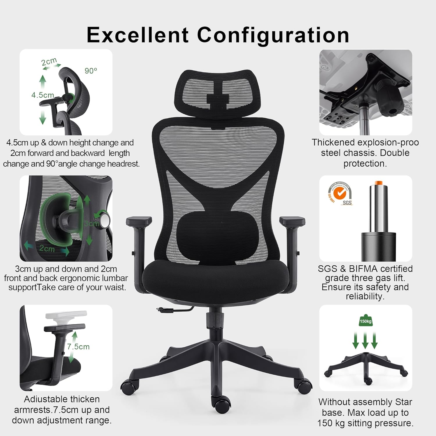 CALIYO G-1635H Ergonomischer Bürostuhl, Schreibtischstuhl mit verstellbarer Kopfstütze, Armlehnen, Lordosenstütze und Wippfunktion – Drehstuhl aus atmungsaktivem Netzstoff, Gaming-Stuhl, Bürostuhl 150 kg, Schwarz – Bild 7