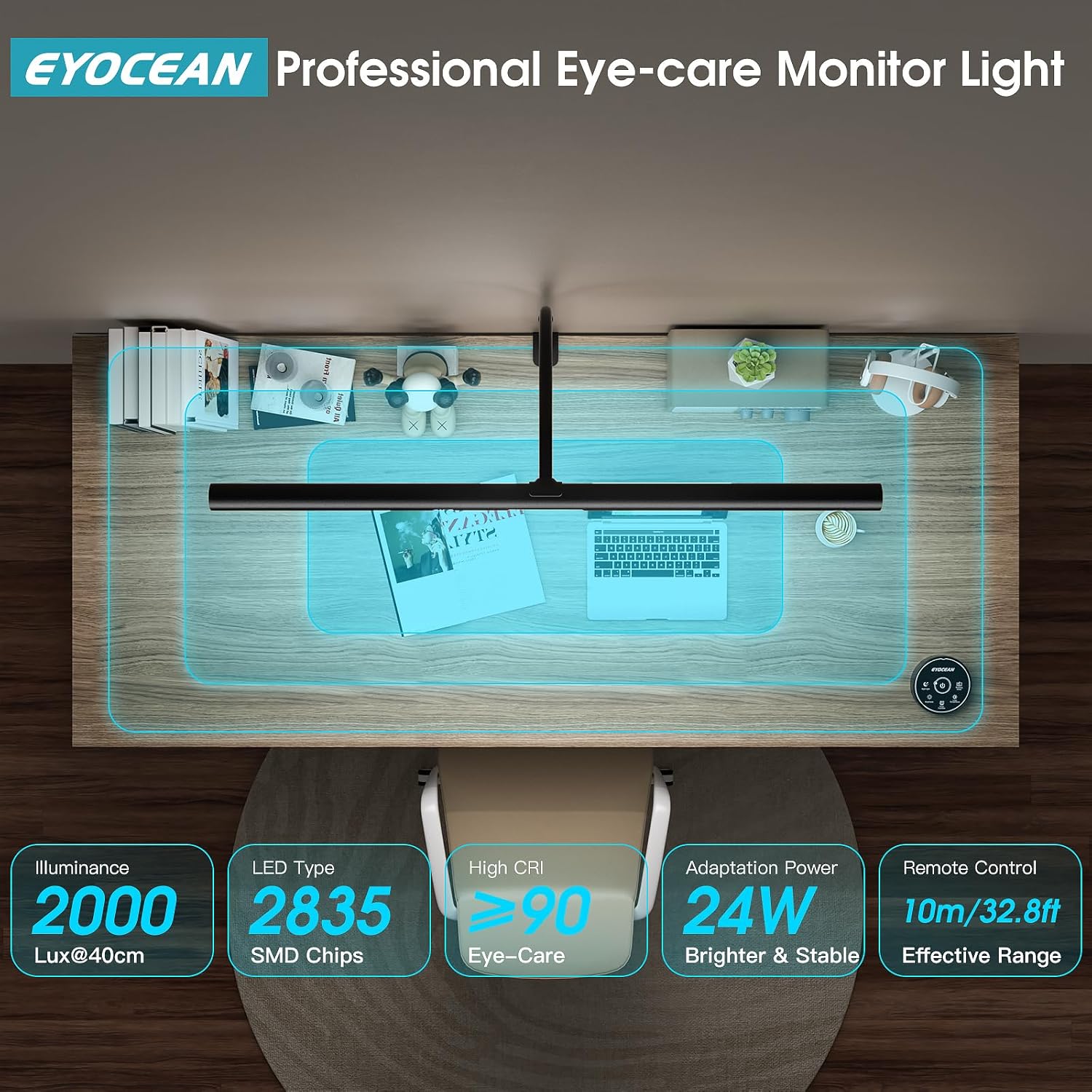 EYOCEAN LED-Schreibtischlampe mit Gestensteuerung und Fernbedienung, 24 W 80 cm klemmbare dimmbare Monitorlampe, Tageslichtlampe für Arbeiter im Büro, Leser, Architekten, Schneider – Bild 8