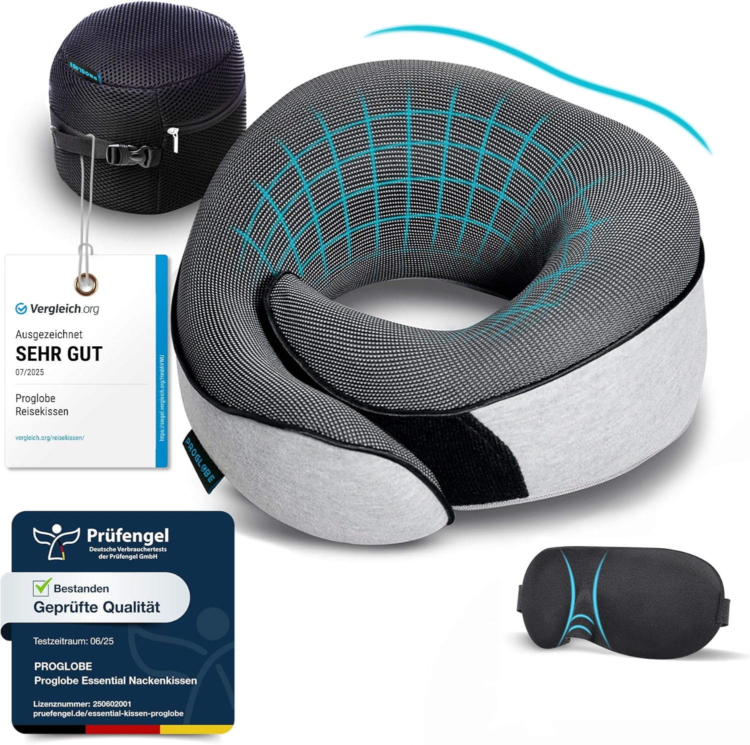 Proglobe Flugzeug-Nackenkissen, Reisekissen, 100 % Memory-Schaum, orthopädisches Nackenkissen, ideal für Reisen im Flugzeug, Auto, Zug, mit 3D-Schlafmaske, Ohrstöpsel, hochwertiger Netzbeutel, grau