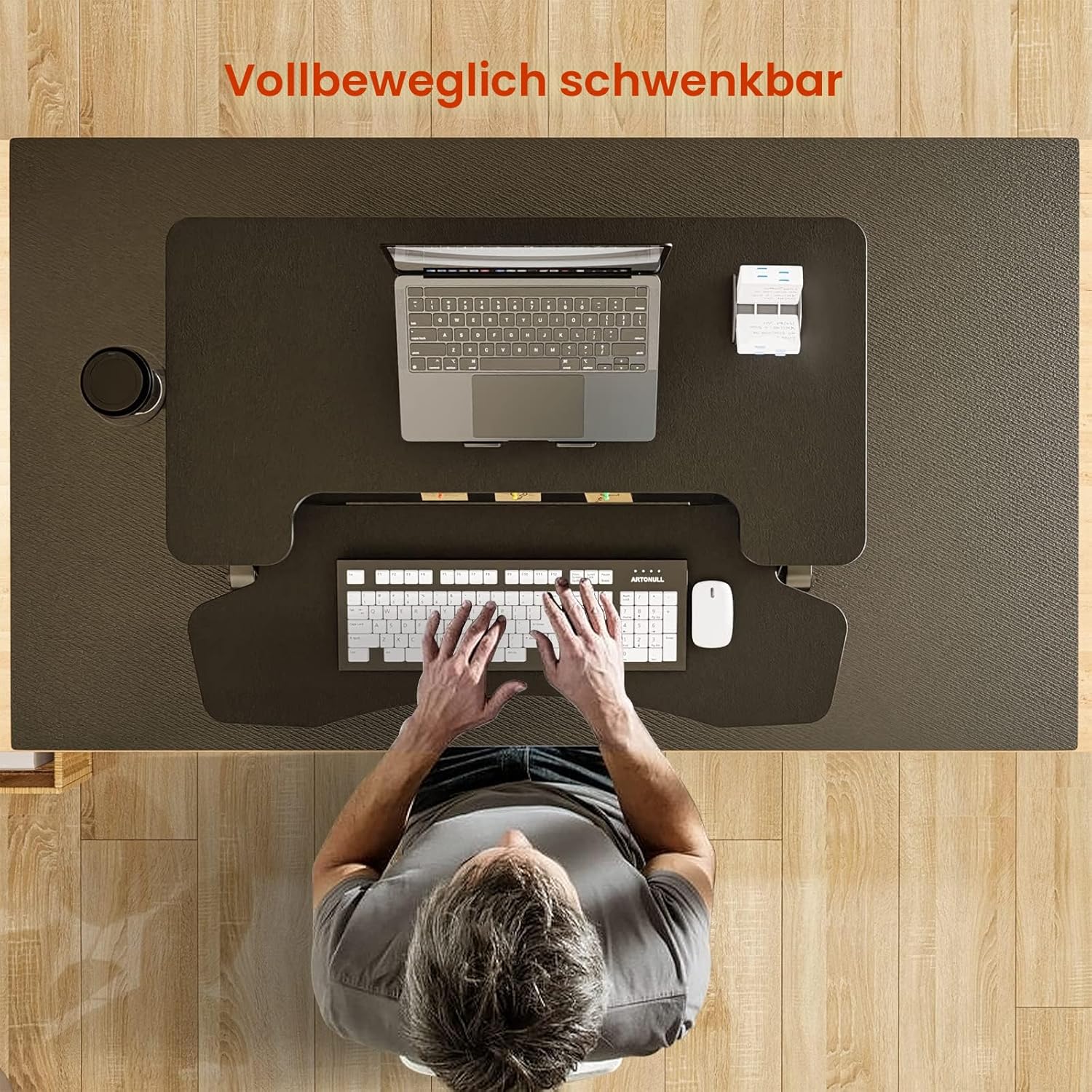 PUTORSEN Stehsitz-Schreibtisch, 32 Zoll Zweistufiger Stehpult-Konverter mit Tastaturablage, höhenverstellbarer Stehpult-Erhöhung mit Getränkehalter und Notiztafel bis 15 kg, Schwarz – Bild 5