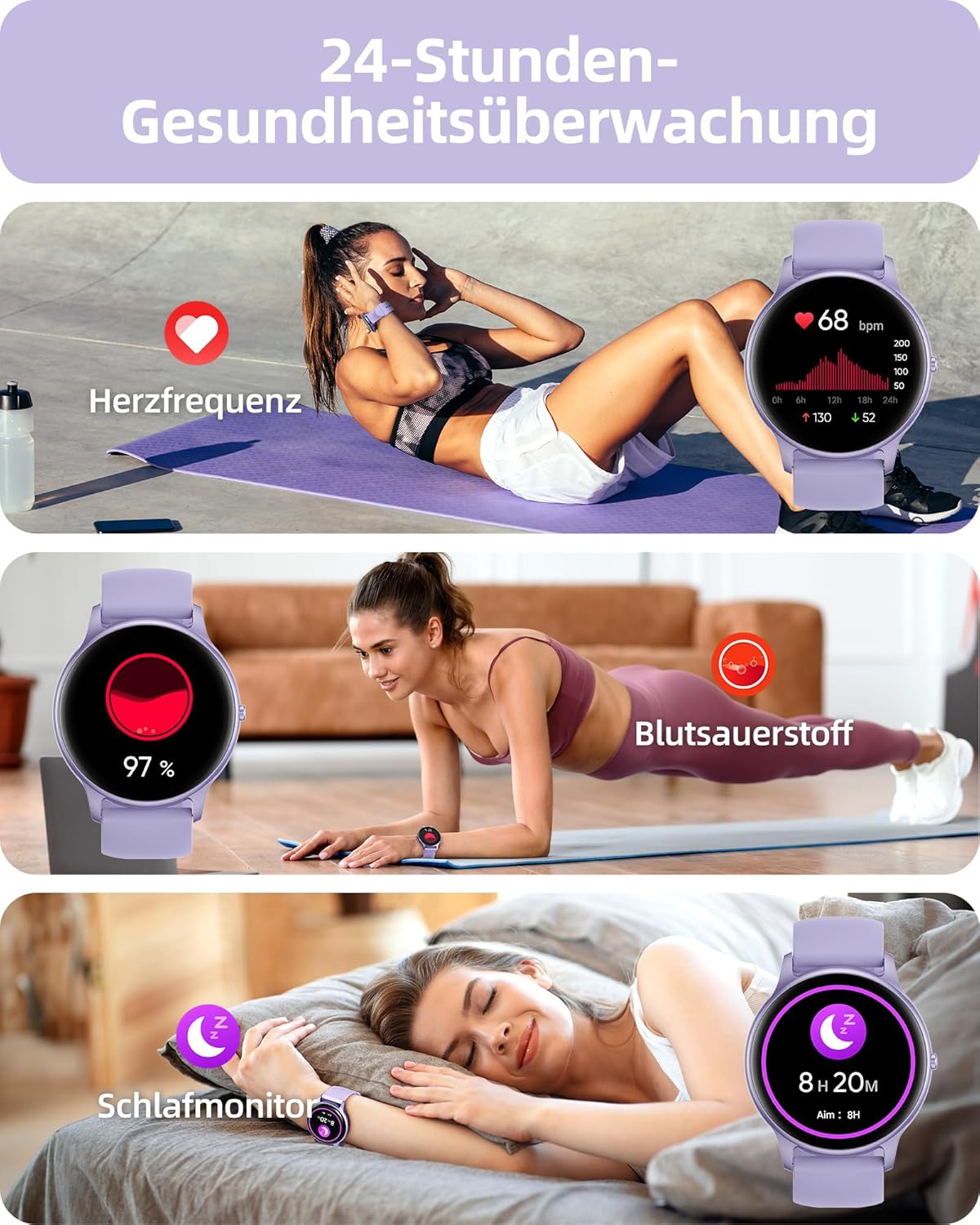 Parsonver SPROD1 Runde Smartwatch für Damen mit Telefonfunktion, Armbanduhr Damen mit Herzfrequenz-Schlafmonitor, SpO2, Schrittzähleruhr mit 100+ Sportmodi, IP68 wasserdicht für Android und iOS, Lila – Bild 5