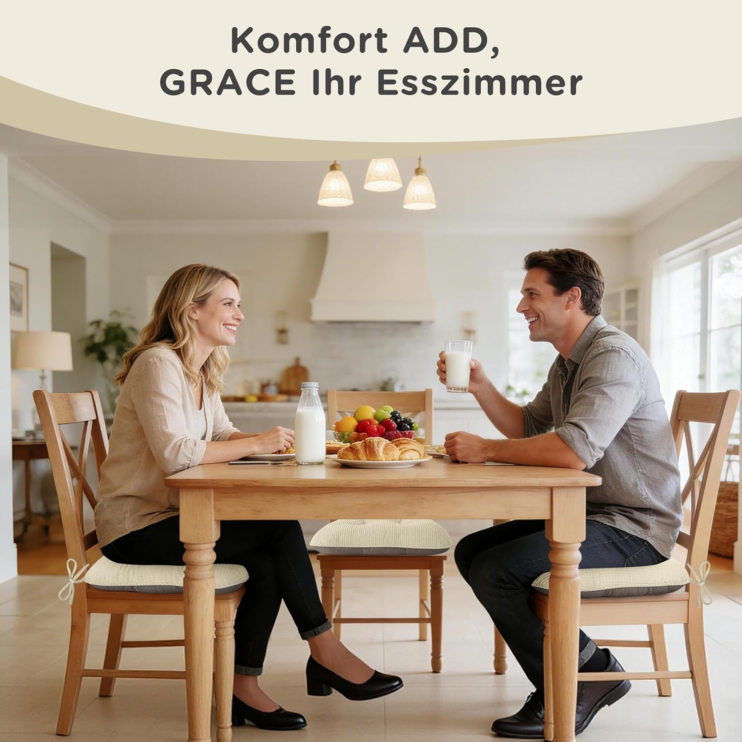 AddGrace Sitzkissen für Esszimmerstühle, 4er-Set, rutschfeste Küchensitzkissen mit Bändern, gequetschte dicke Sitzkissen für Küchen- und Esszimmermöbel, 43 x 40 x 8 cm, Beige – Bild 4