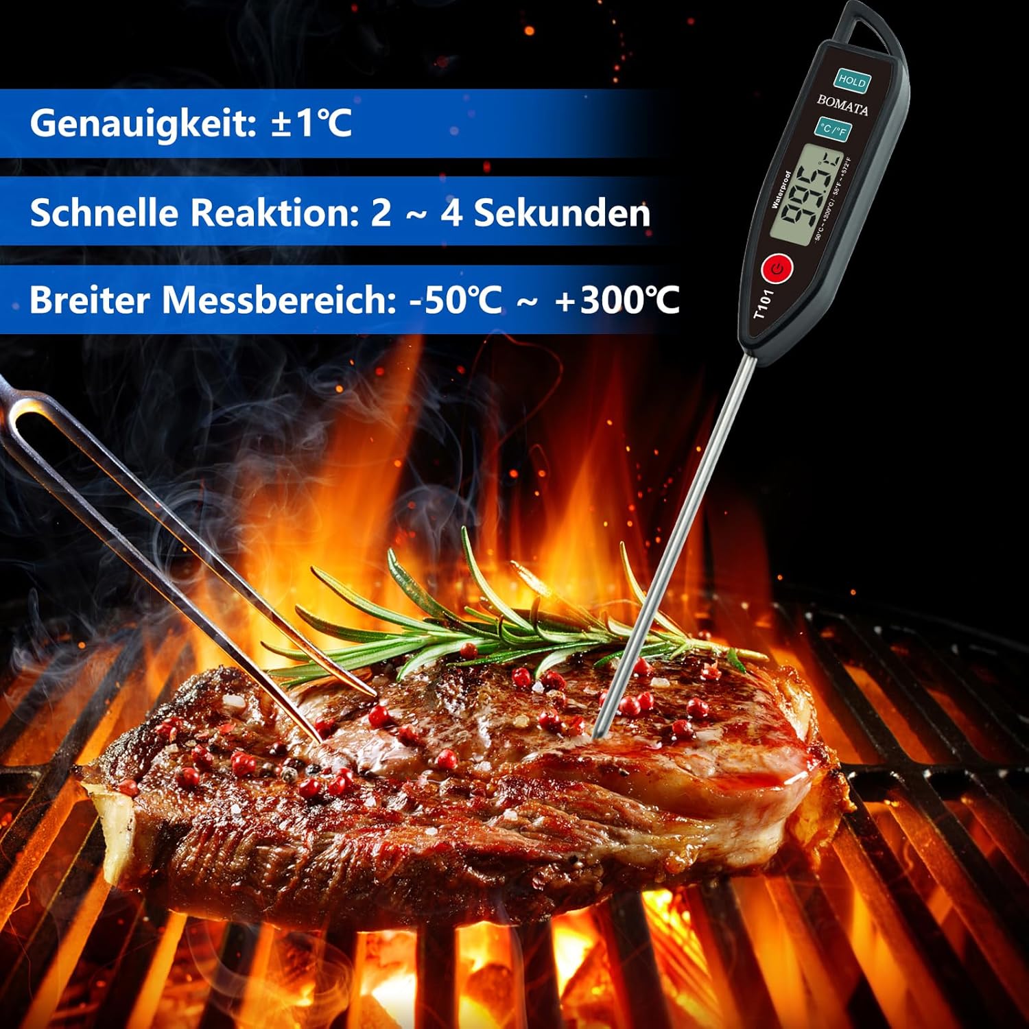 BOMATA Wasserdichtes IPX7-Thermometer, geeignet für Wasser, Flüssigkeiten, Kerzen und Kochen. Sofort ablesbares Lebensmittelthermometer mit langer Sonde, geeignet zum Kochen, Fleisch, Grillen. T101 schwarz – Bild 3