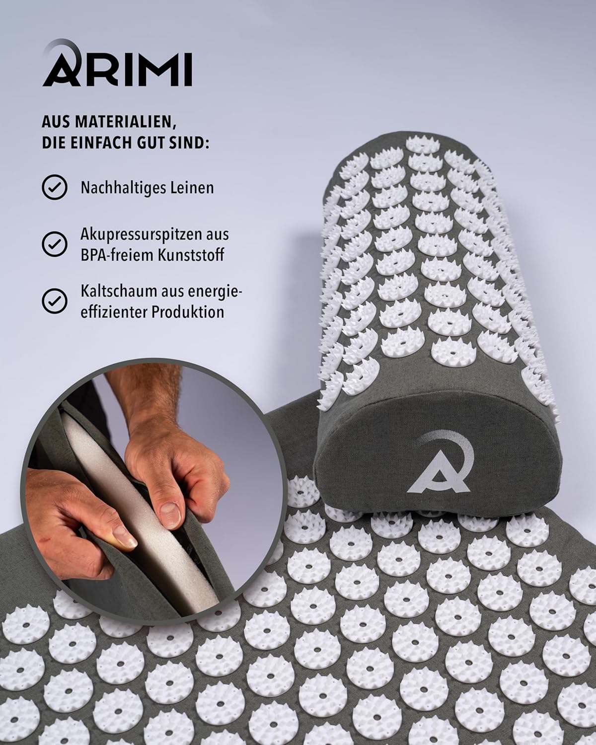 ARIMI Akupressurmatte mit Kissen und Tasche, nachhaltig, ergonomisch – zur Schmerzlinderung, Entspannung und Erholung, ideal für Rücken und Nacken, Massagematte mit Akupressurkissen – Bild 3