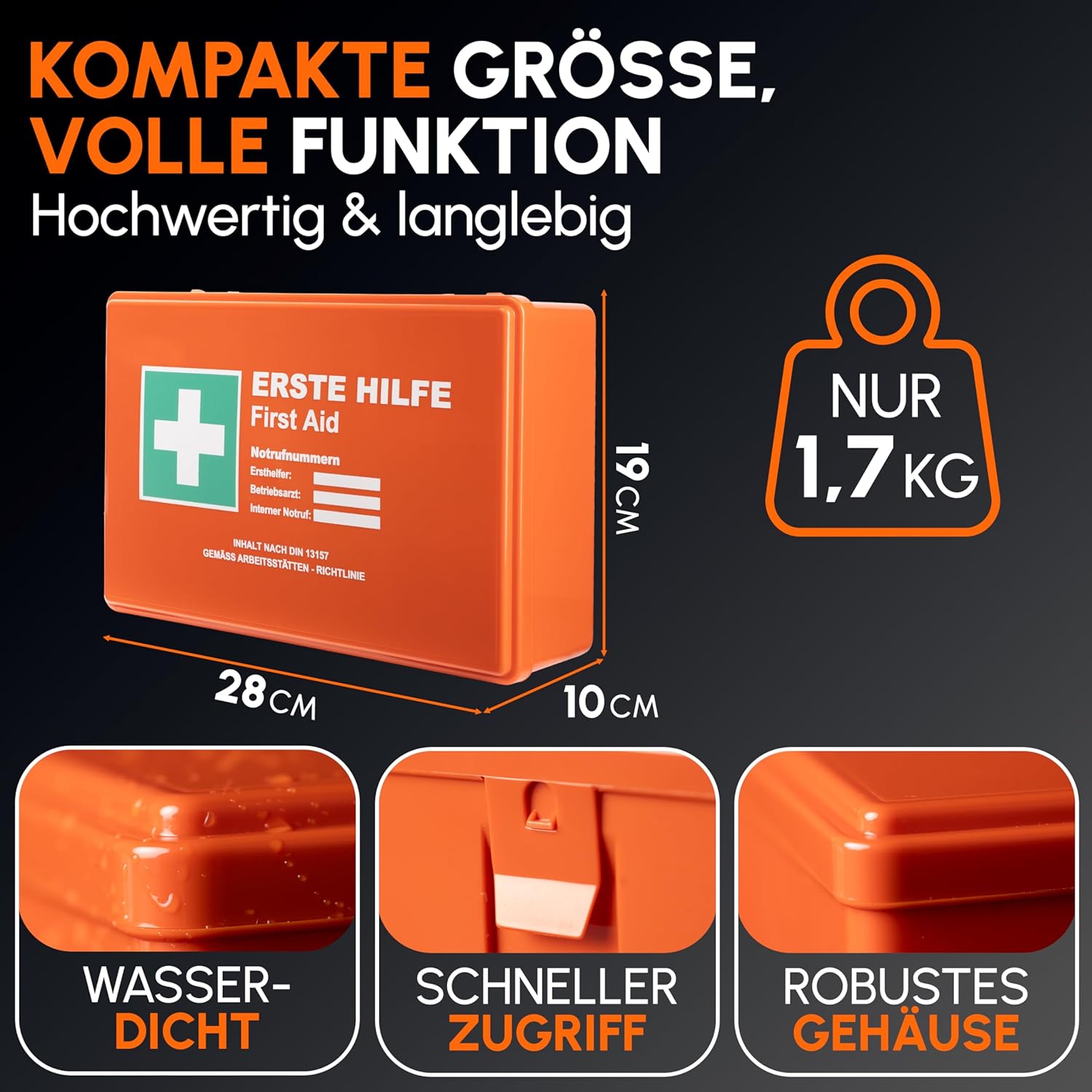 Erste-Hilfe-Kasten Version 2026 nach DIN 13157:2021 inkl. Wandhalterung & Aufkleber, universeller Erste-Hilfe-Koffer für Gewerbe, Haushalt oder Gastronomie – Büro-Erste-Hilfe-Kasten gefüllt, Sanitärkasten – Bild 7