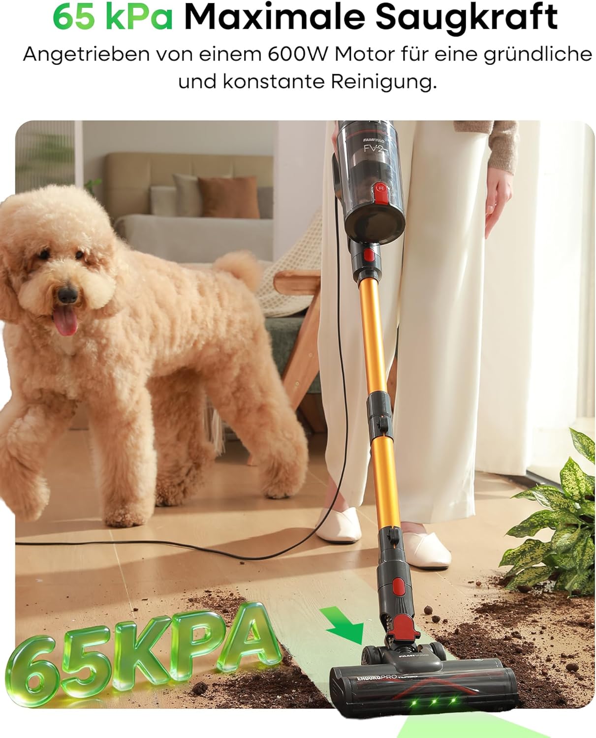 FAMIVAC FV2 Staubsauger mit Kabel, 65Kpa/600W Staubsauger Beutellos mit Matratzenbürste, 1,3KG Leichtgewicht, 7M Kabel, 60dB Leise, 1,5L, Selbststehend, Anti-Tangle-Bürste für Teppich/Boden/Tierhaare – Bild 2