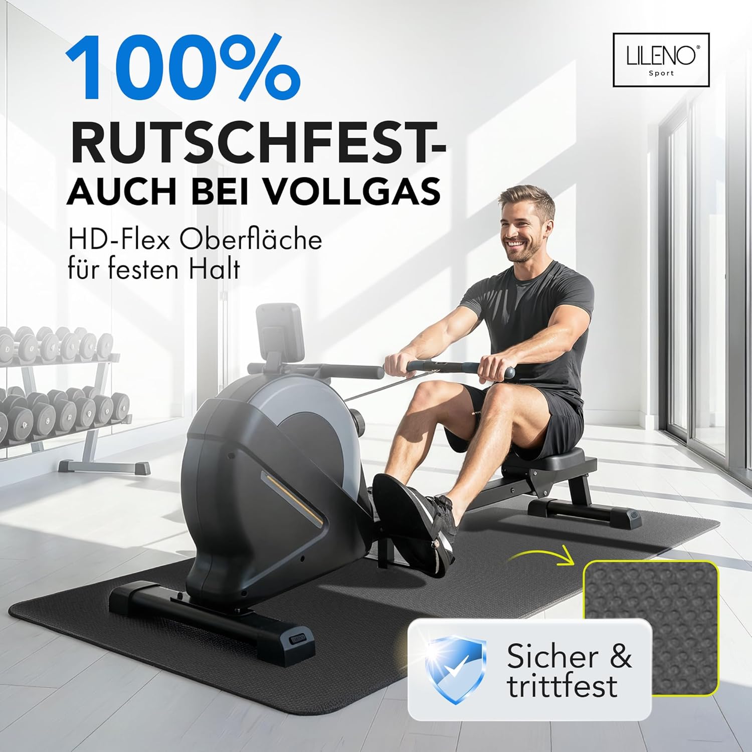 LILENO SPORTS Bodenschutzmatte, extra strapazierfähige Laufbandmatte, 8 mm dick, Fitnessunterlage für Crosstrainer, Rollentrainer und andere Fitnessgeräte, auch für Yoga – Bild 4