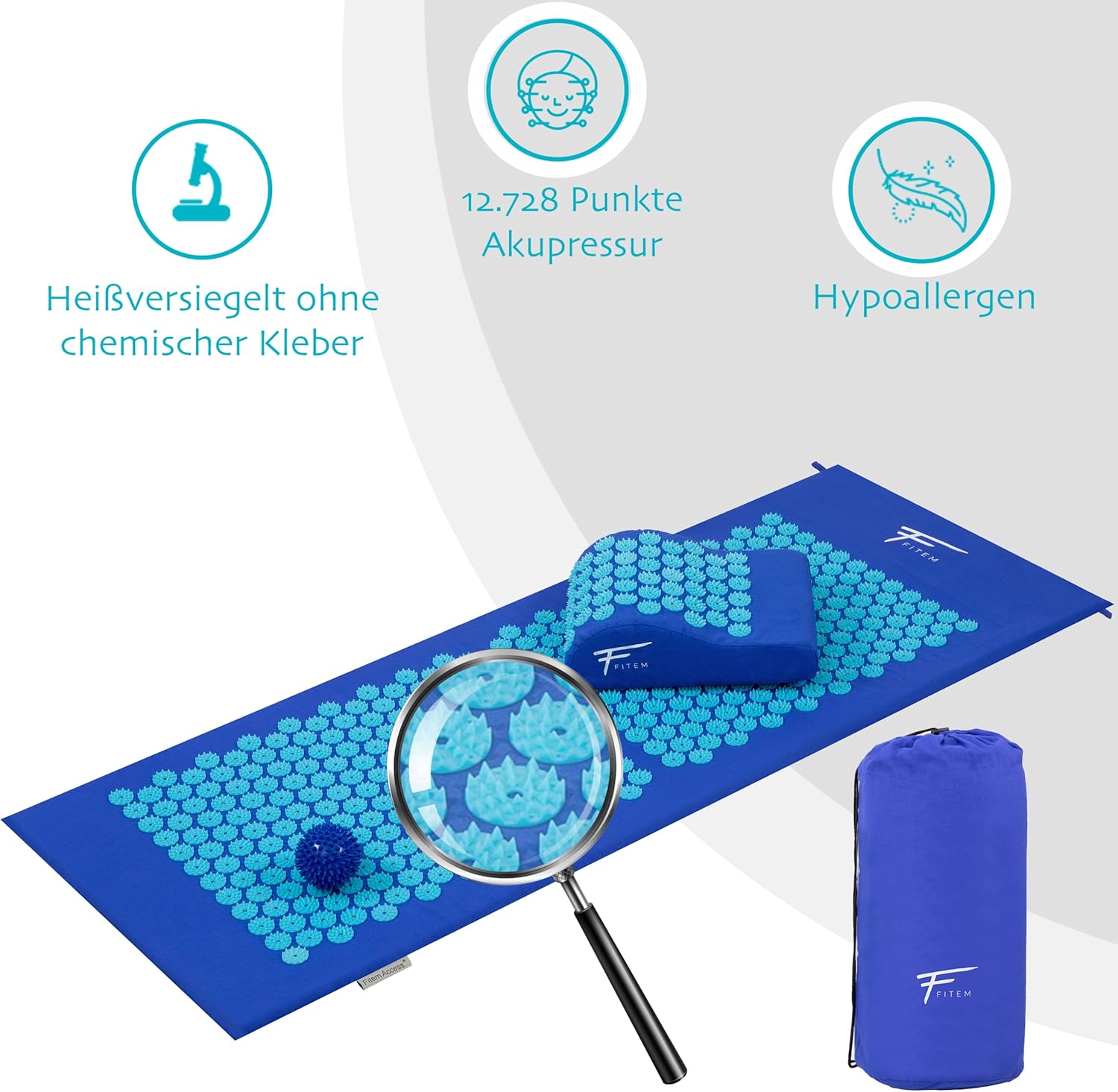 Fitem XL Akupressur-Set – Akupressurmatte + Akupressurkissen – zur Linderung von Rücken- und Nackenschmerzen – Ischias – Rückenmassage + Muskelentlastung + Erholung nach dem Training – Bild 3