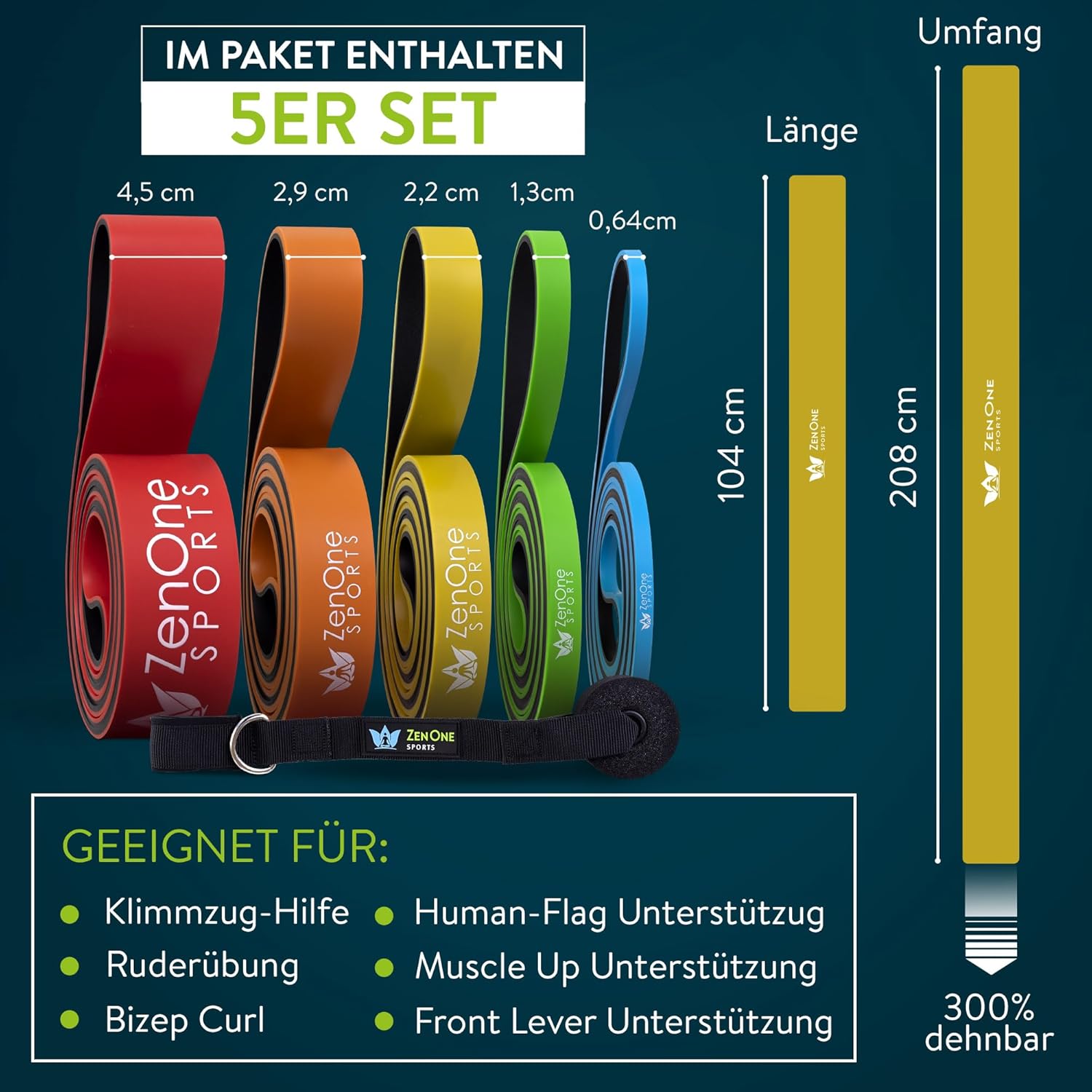 ZenOne Sports Widerstandsbänder aus Gummi I Widerstandsbänder in 6 Stärken – X-Light bis XX Heavy I Klimmzugband mit Workout-Anleitung – Ideal für Klimmzüge, Krafttraining & mehr I Klimmzugband – Bild 8