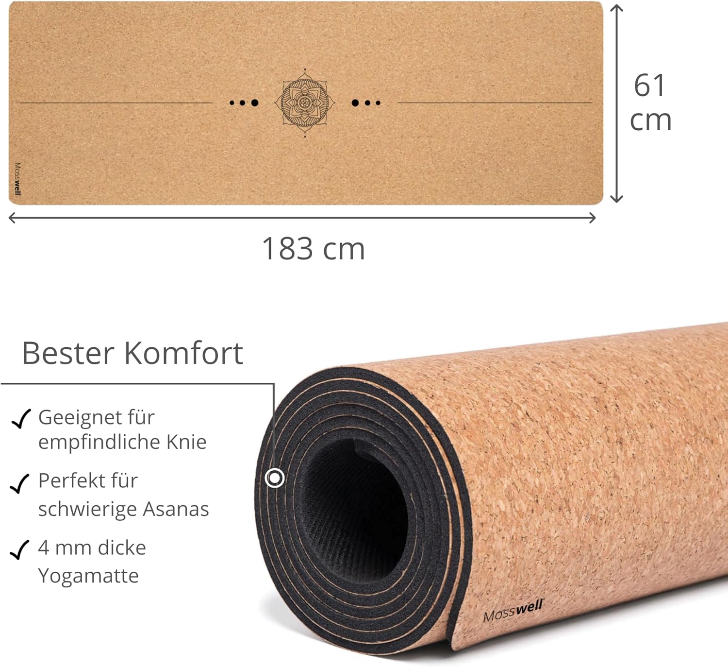 Premium-Yogamatte aus Kork (4 mm dick) – rutschfeste Fitnessmatte mit Hilfslinien – Pilates-Matte + Yoga-Tasche – Bild 3
