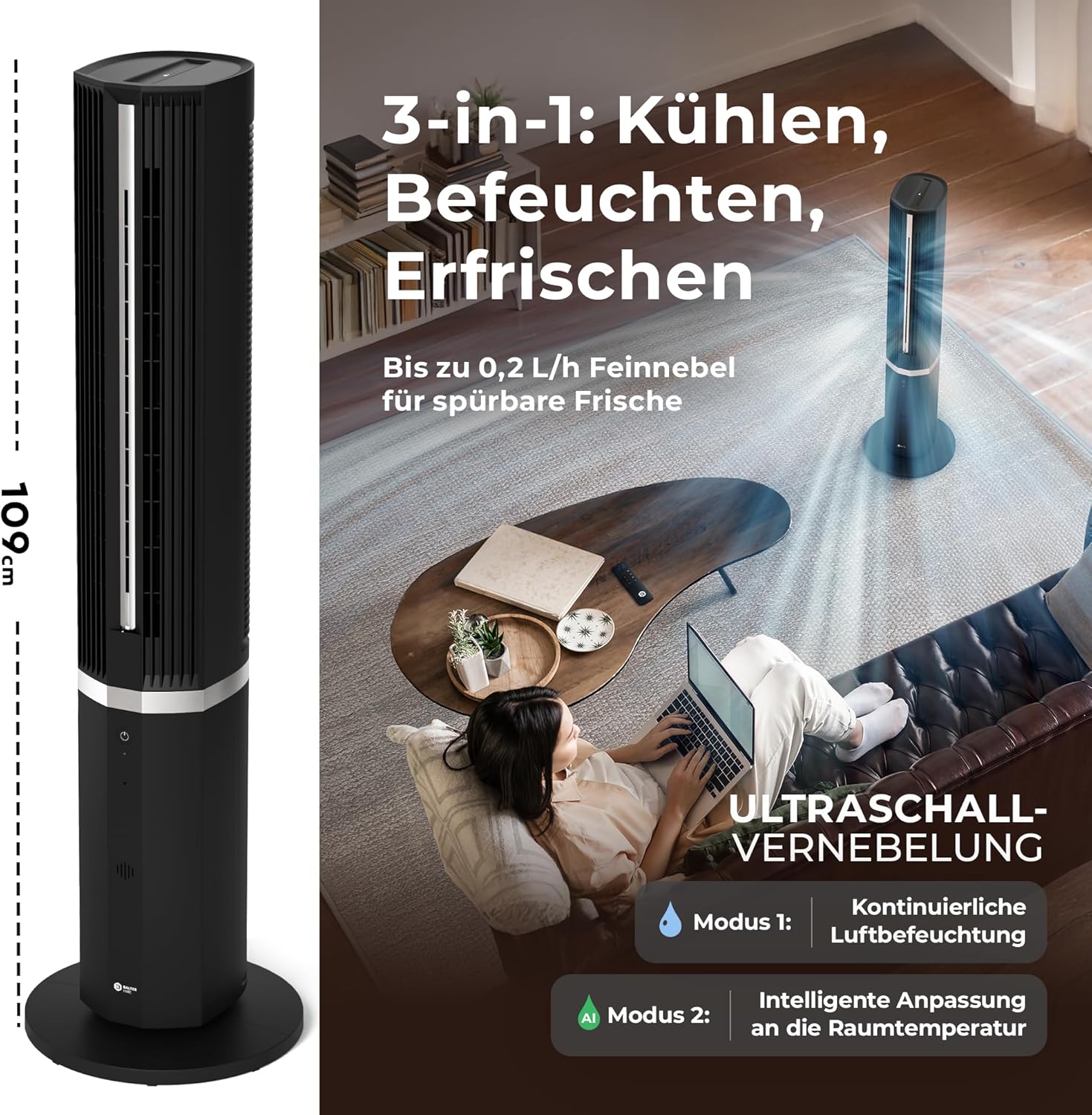 Balter 5-in-1 mobiles Klimagerät ohne Abluftschlauch – Ventilator mit Wasserkühlung – Luftkühler & Luftreiniger, Luftbefeuchter – Turmventilator mit Wasserkühlung – Timer – sehr leise – Bild 6