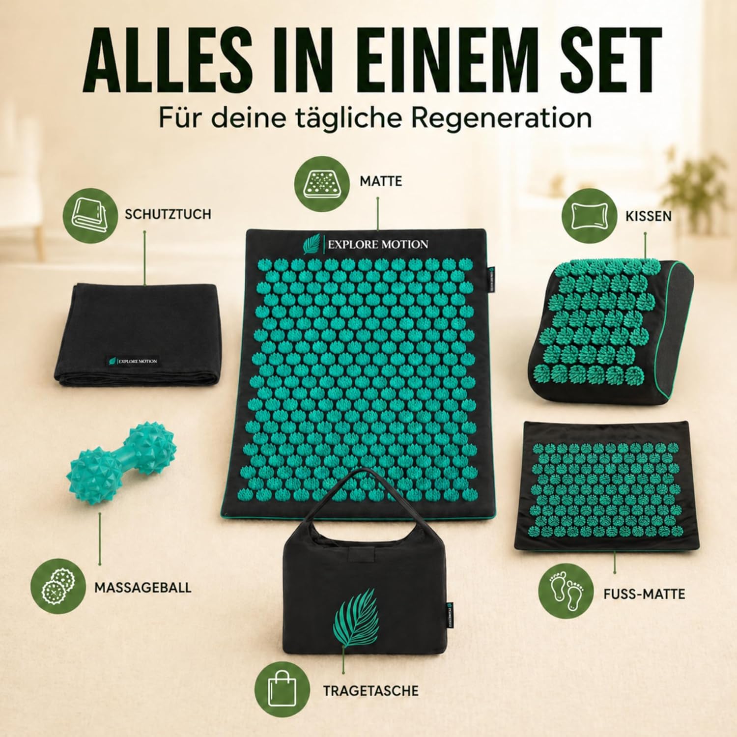 Original Akupressurmatte 6-in-1 Premium-Set aus Naturfasern – Rücken- & Nackenmassage gegen Stress & Verspannungen | Mit Kissen & Massageball | Spüren Sie den Unterschied – Bild 4