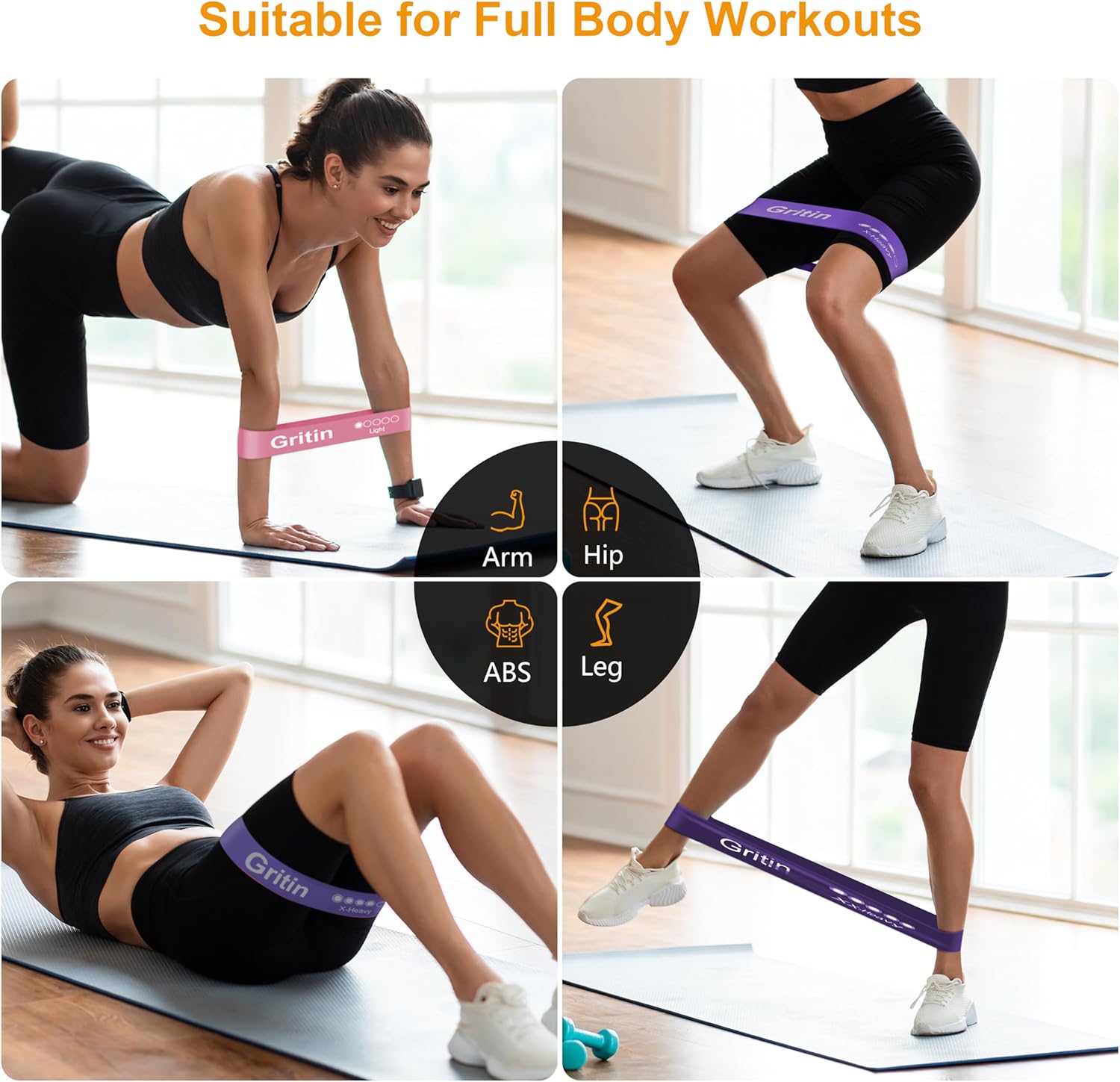 Gritin Fitnessbänder (5er Set) Widerstandsbänder mit 5 Stufen, 100% Latex Fitnessband Widerstand mit deutscher Übungsanleitung und Tragetasche, Gymnastikband für Muskelaufbau, Yoga – Bild 6