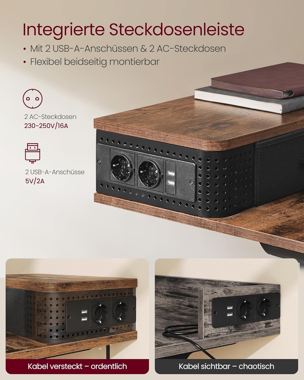 VASAGLE LSD184KD02 Höhenverstellbarer elektrischer Schreibtisch, 140 x 60 x (72-120) cm, stufenlos verstellbar, mit Monitorständer, Steckdosenleiste, Haken, Memory-Funktion, Vintage-Braun – Bild 7