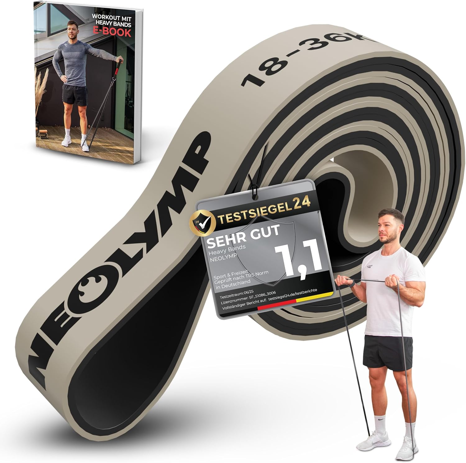 NEOLYMP Widerstandsbänder aus doppelt beschichtetem Naturlatex mit Fitness-E-Book – lange Fitnessbänder für Krafttraining, Widerstandsbänder, Klimmzugbänder