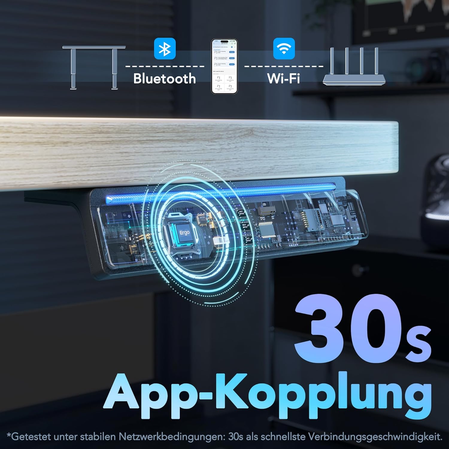 HUANUO AI-gesteuerter elektrischer Stehschreibtisch 120 x 60 cm mit Smart App, funktioniert mit Alexa & Google, höhenverstellbar, 6 Speicherstufen, Sitzerinnerung, ergonomisch – Bild 6