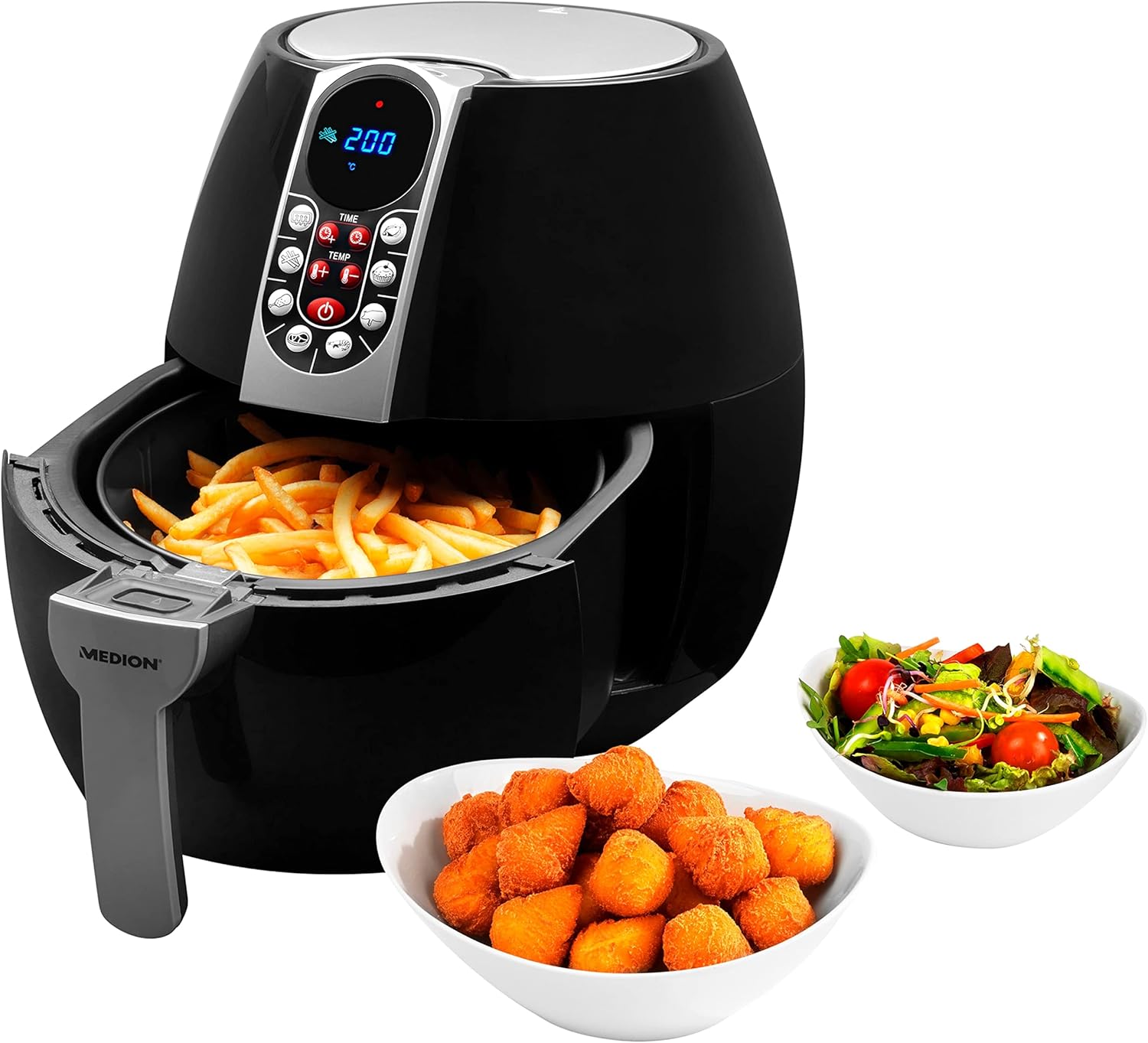 MEDION E10 S Heißluftfritteuse (Leistung ca. 1500 Watt, Airfryer, digitales Bedienfeld, Gesamtnutzinhalt 4 Liter, ölfreies Frittieren, 30-Minuten-Timer, Überhitzungsschutz, MD 17320) schwarz